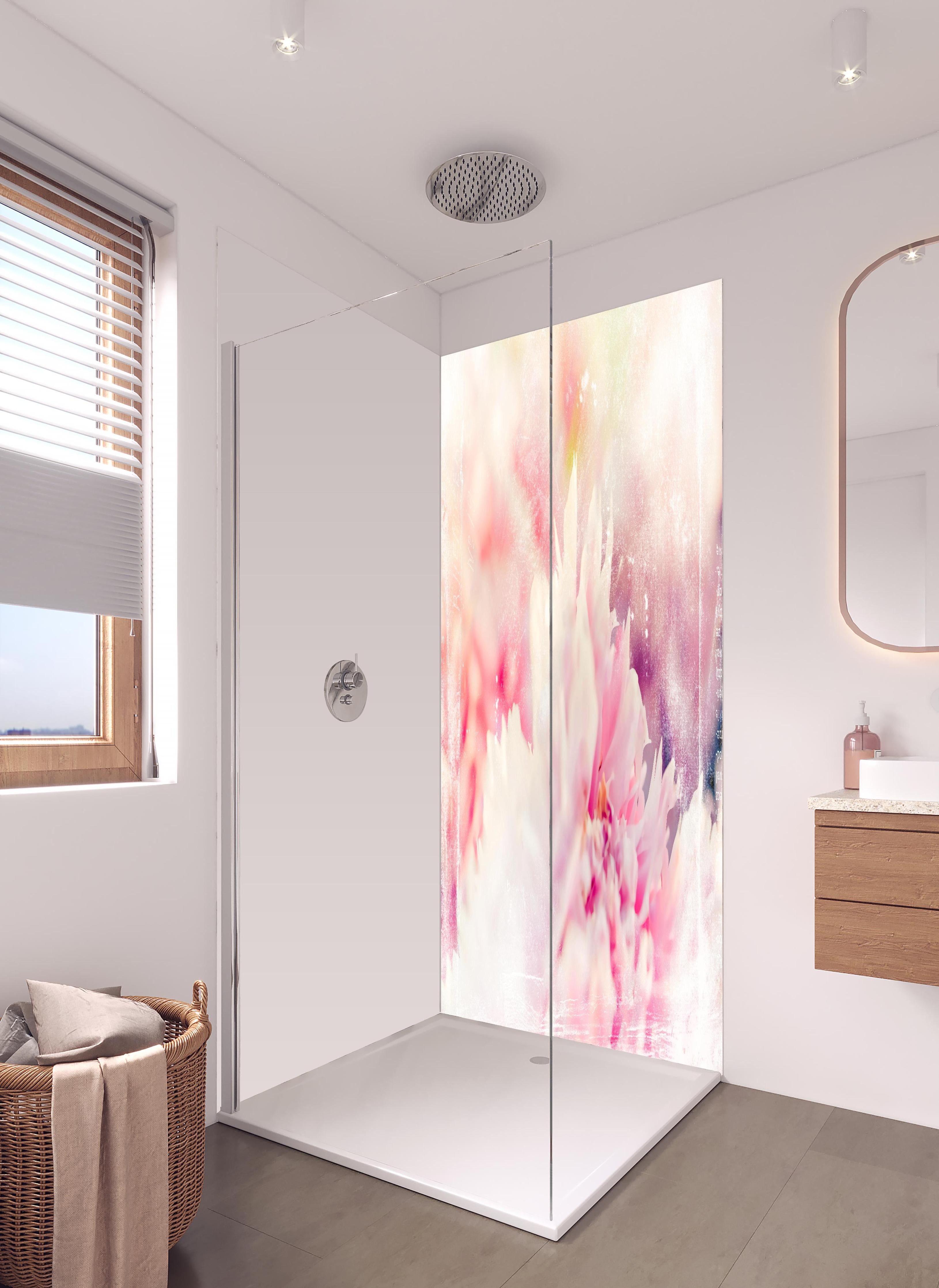Duschrückwand - Florale Darstellung in hellem Badezimmer mit Regenduschkopf - zweiteilige Eck-Duschrückwand