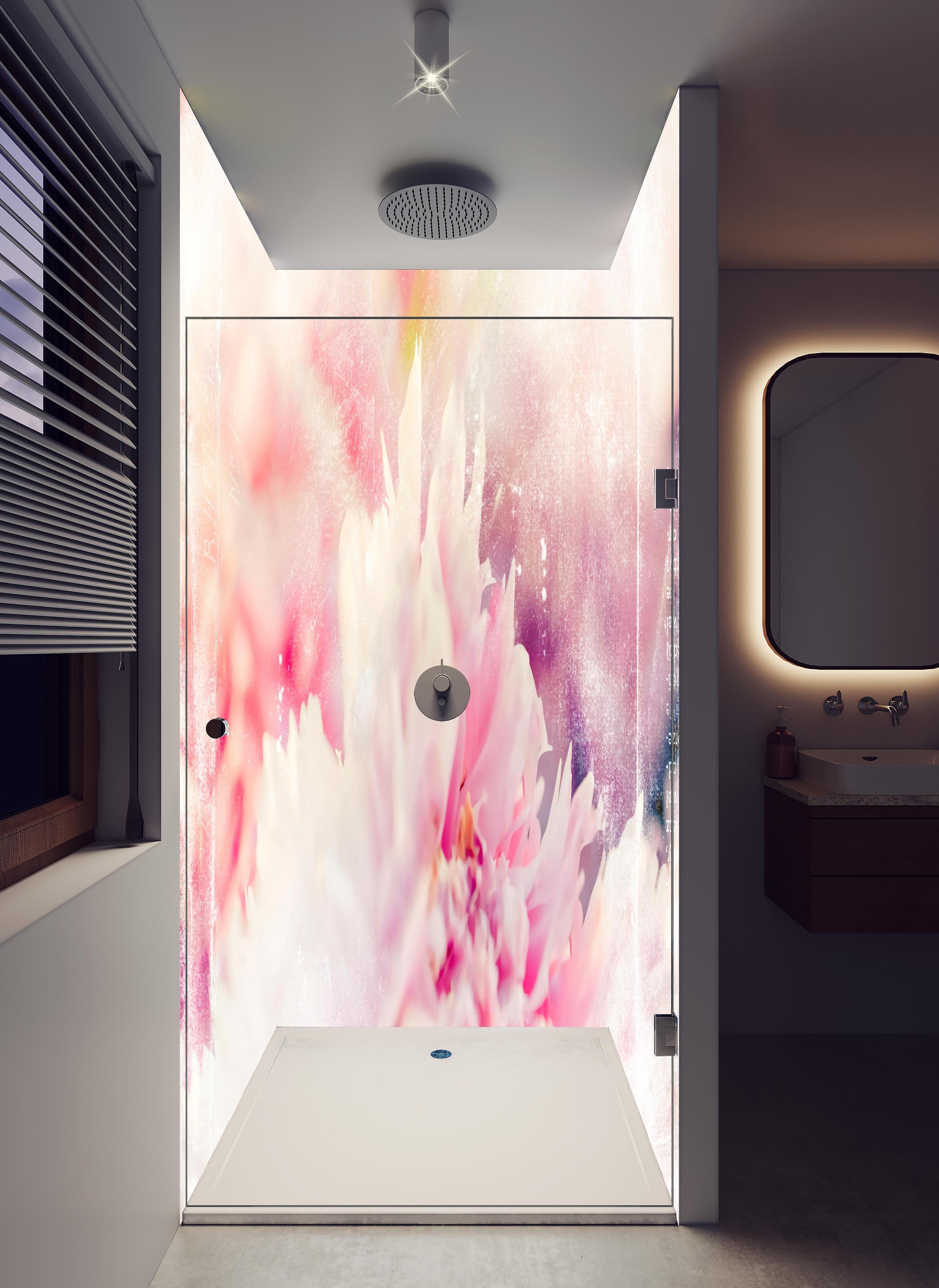 Duschrückwand - Florale Darstellung in hellem Badezimmer mit Regenduschkopf - zweiteilige Eck-Duschrückwand