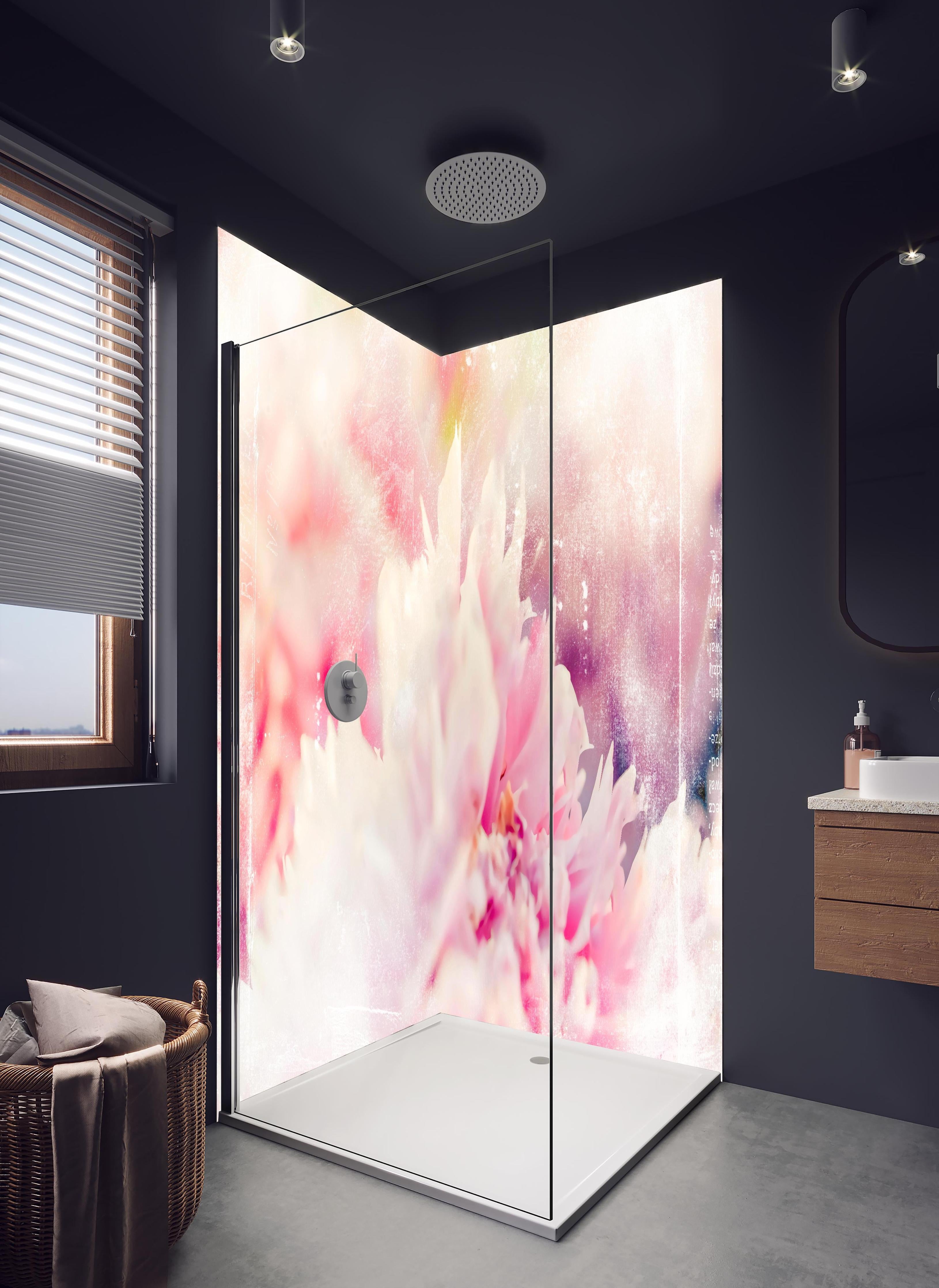 Duschrückwand - Florale Darstellung in hellem Badezimmer mit Regenduschkopf - zweiteilige Eck-Duschrückwand