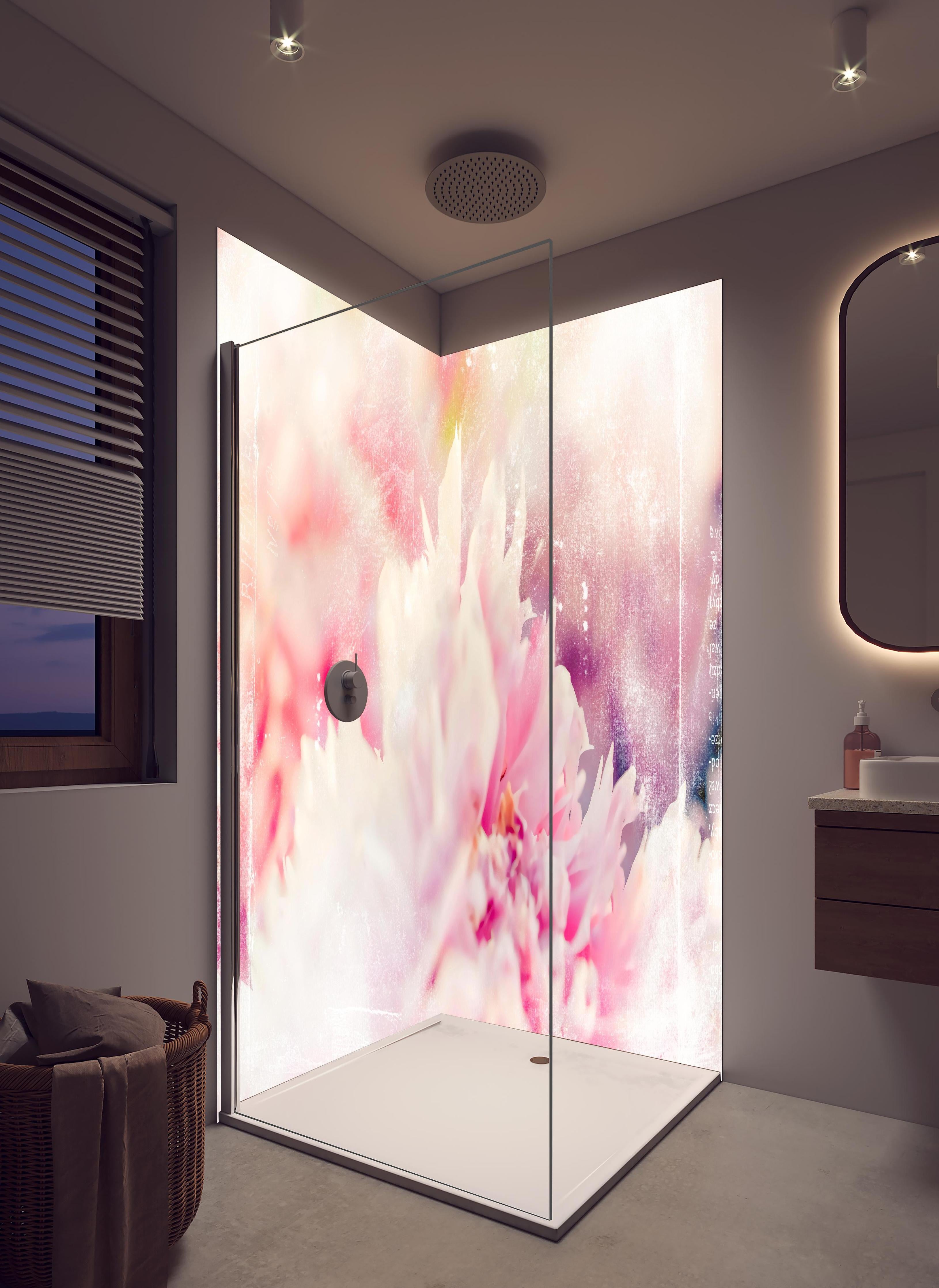 Duschrückwand - Florale Darstellung in hellem Badezimmer mit Regenduschkopf - zweiteilige Eck-Duschrückwand