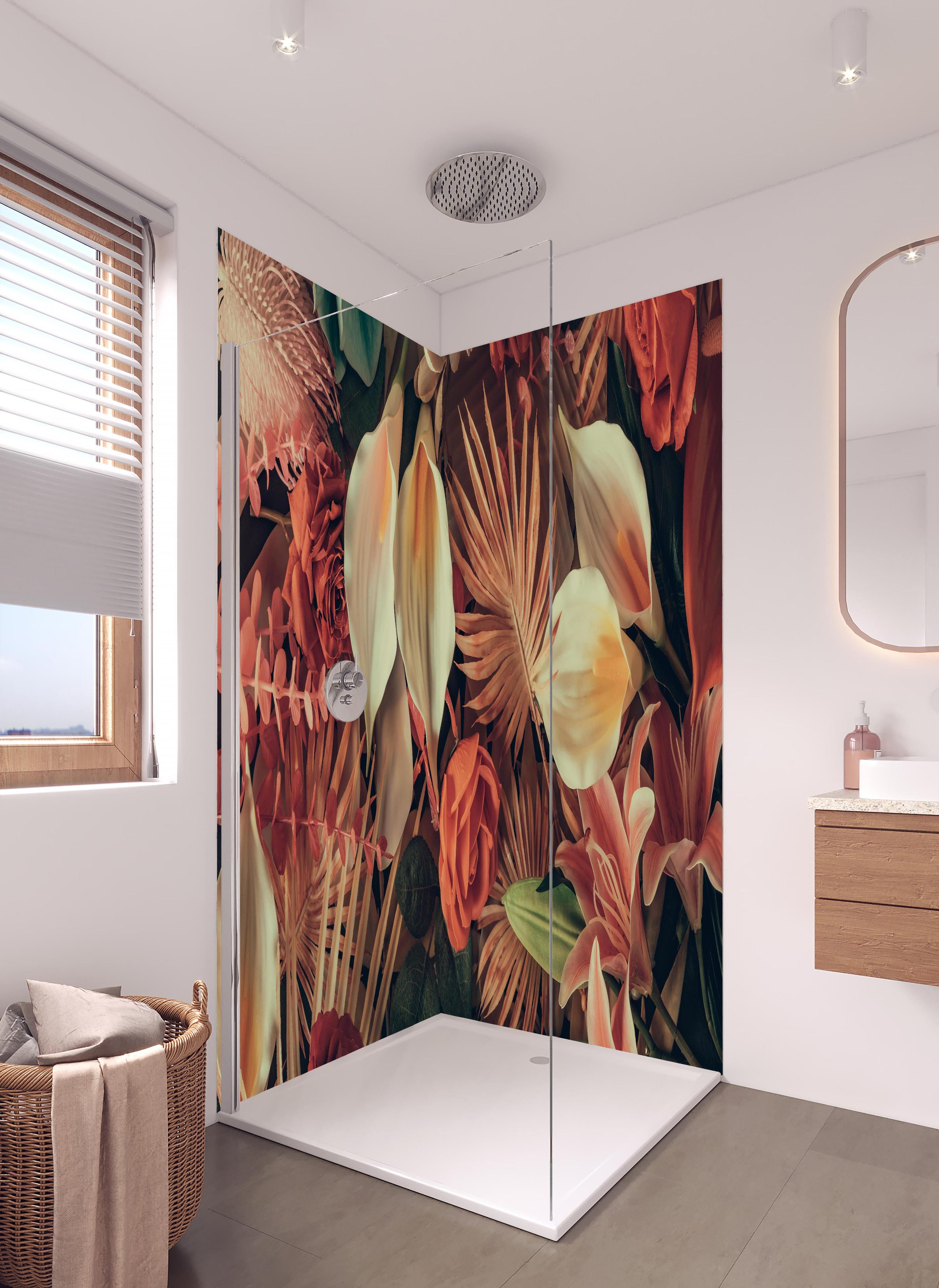Duschrückwand - Florale Grußkarte mit Frühlingsblumen in hellem Badezimmer mit Regenduschkopf - zweiteilige Eck-Duschrückwand