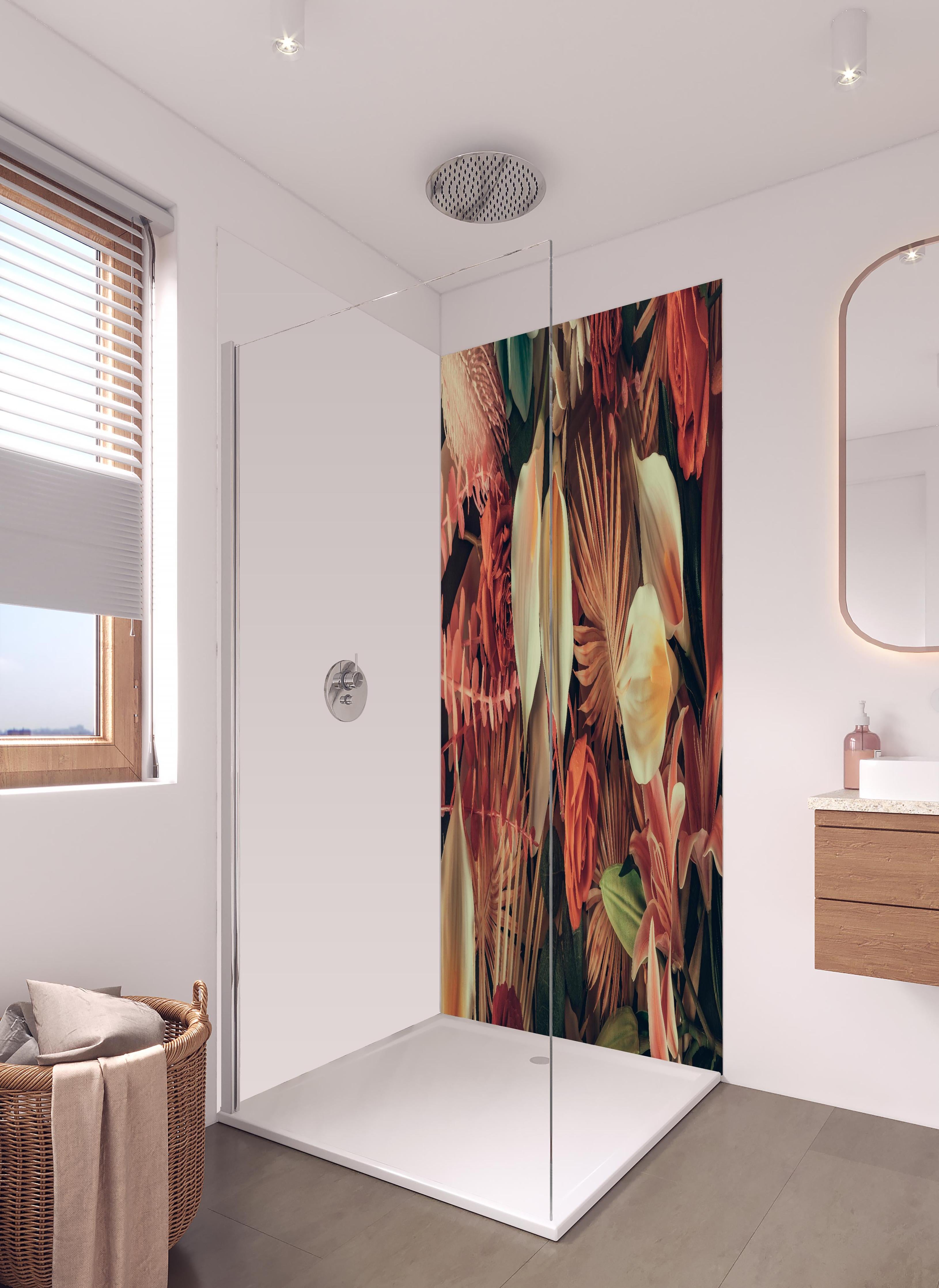 Duschrückwand - Florale Grußkarte mit Frühlingsblumen in hellem Badezimmer mit Regenduschkopf - zweiteilige Eck-Duschrückwand