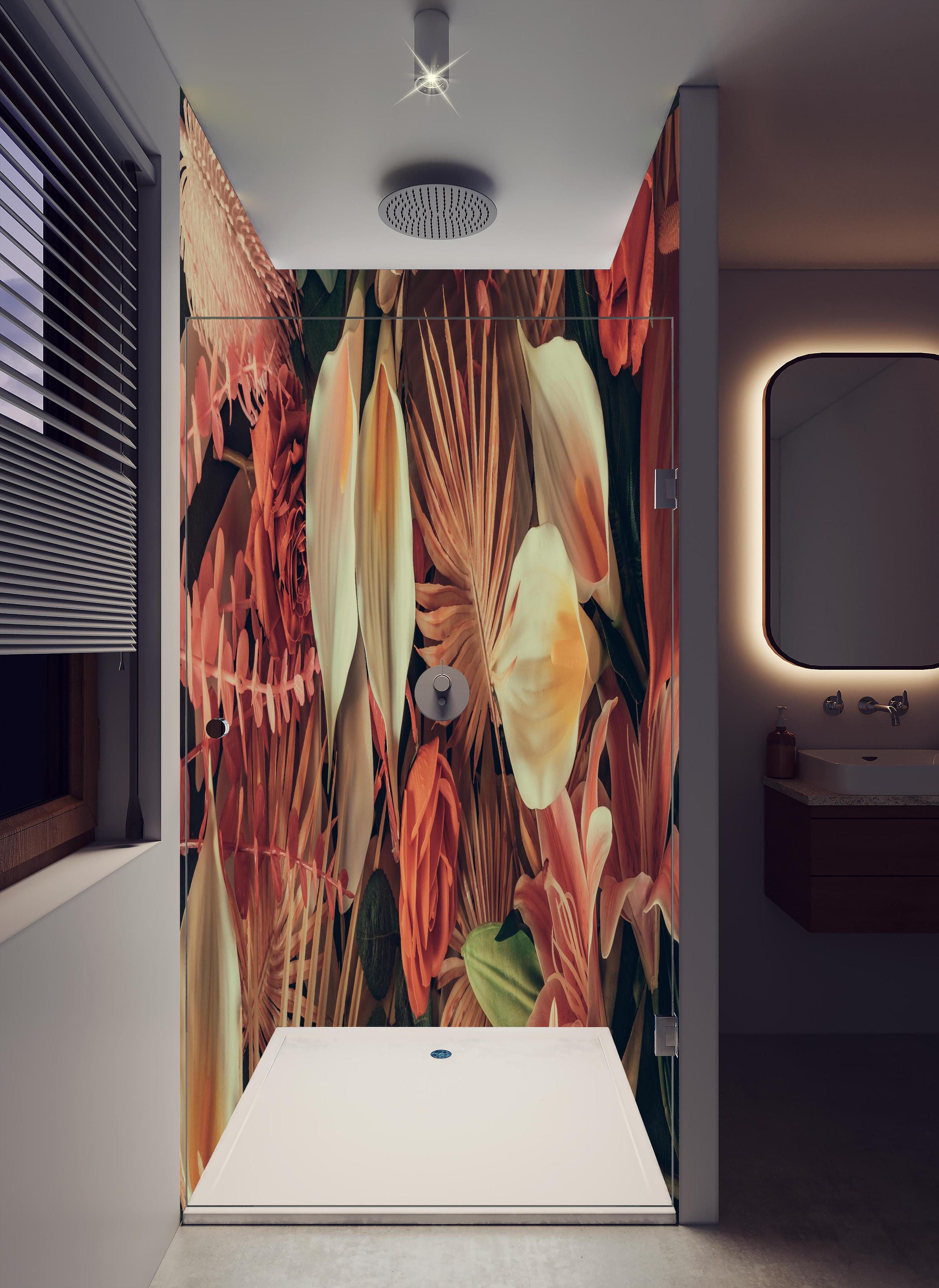 Duschrückwand - Florale Grußkarte mit Frühlingsblumen in hellem Badezimmer mit Regenduschkopf - zweiteilige Eck-Duschrückwand