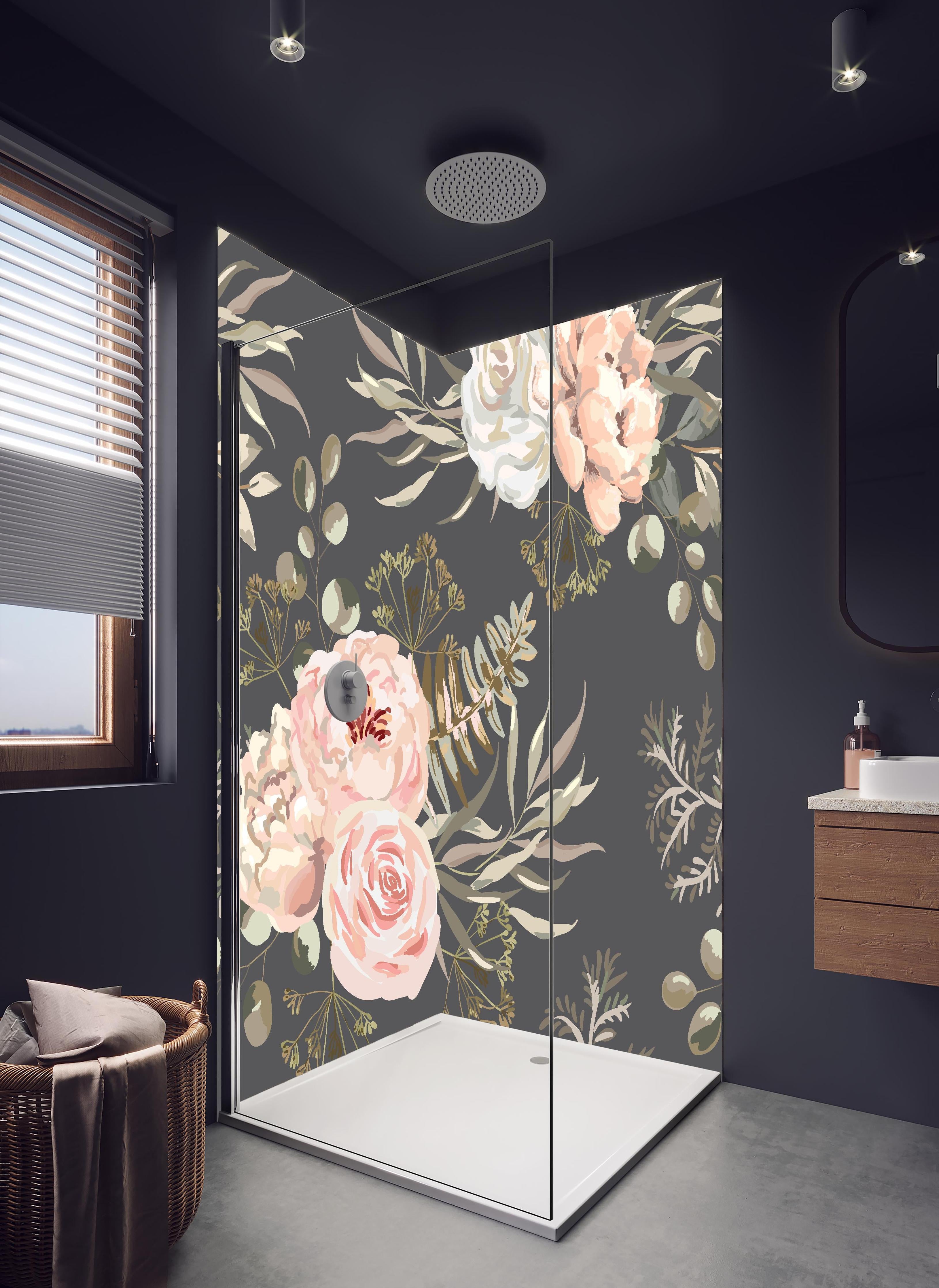 Duschrückwand - Florale Illustration in zarten Pastelltönen in hellem Badezimmer mit Regenduschkopf - zweiteilige Eck-Duschrückwand