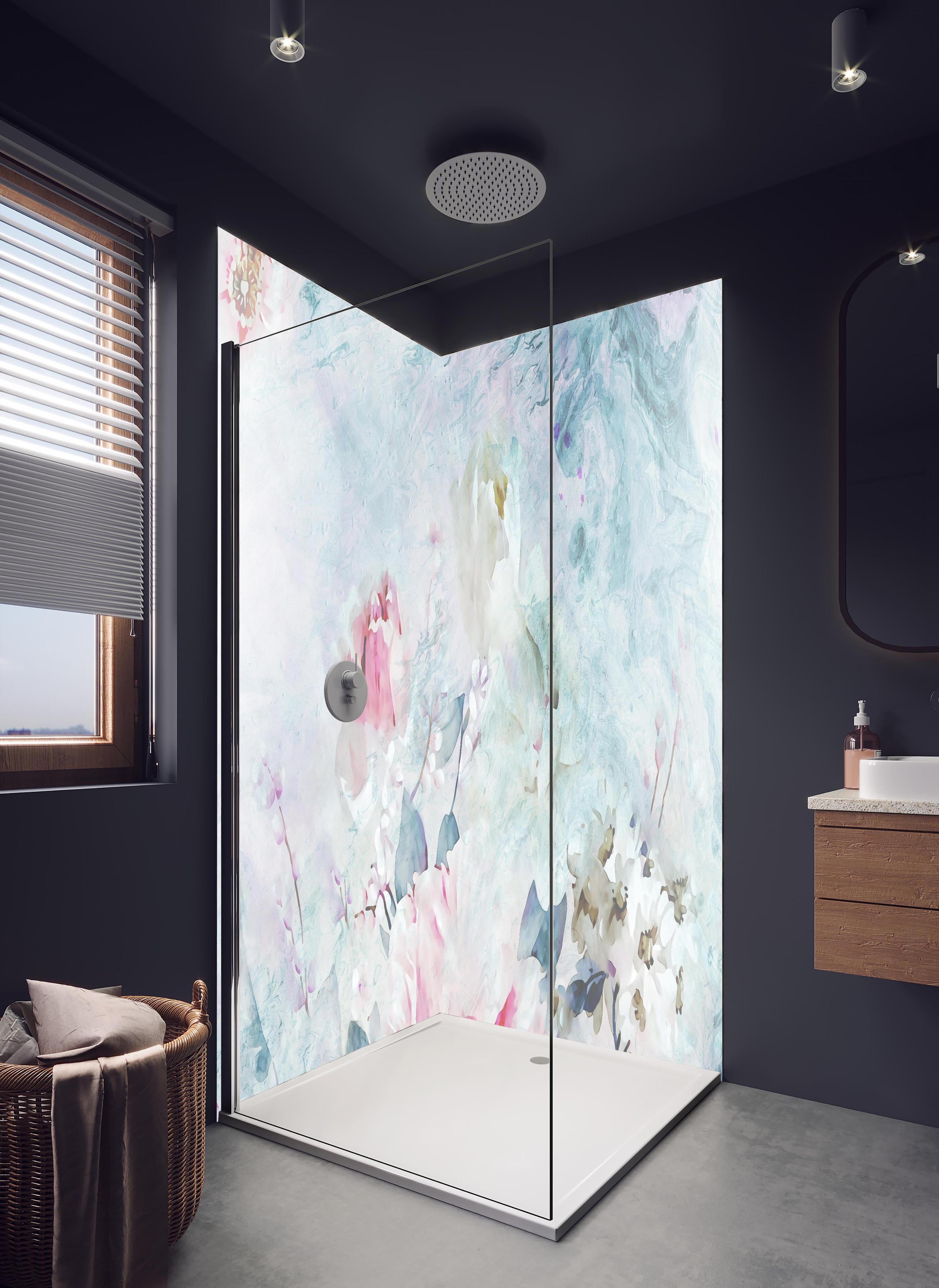 Duschrückwand - Florale Kunst - Blumen Portrait in hellem Badezimmer mit Regenduschkopf - zweiteilige Eck-Duschrückwand