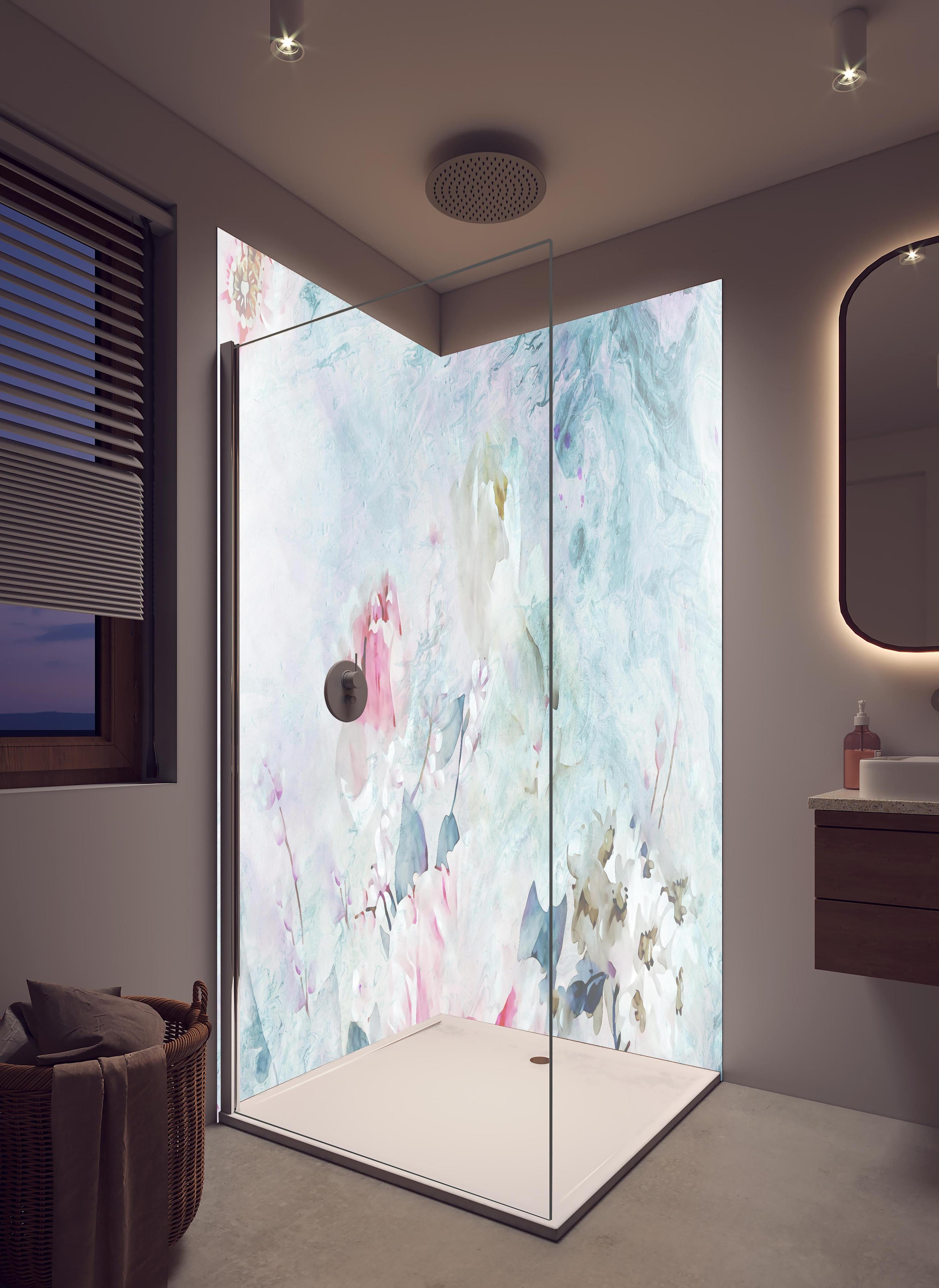 Duschrückwand - Florale Kunst - Blumen Portrait in hellem Badezimmer mit Regenduschkopf - zweiteilige Eck-Duschrückwand
