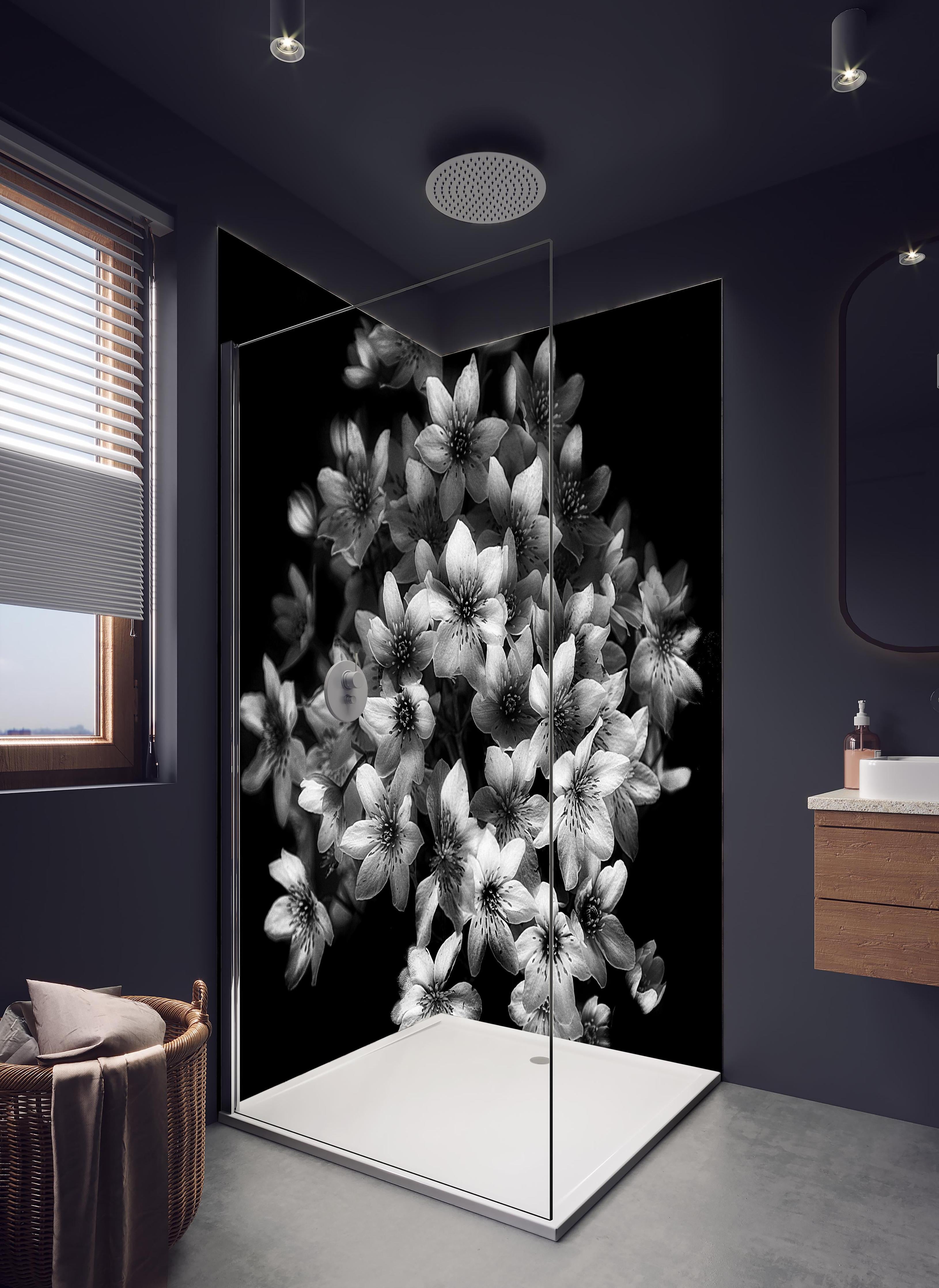 Duschrückwand - Florale Kunst - Blumenstrauß in hellem Badezimmer mit Regenduschkopf - zweiteilige Eck-Duschrückwand