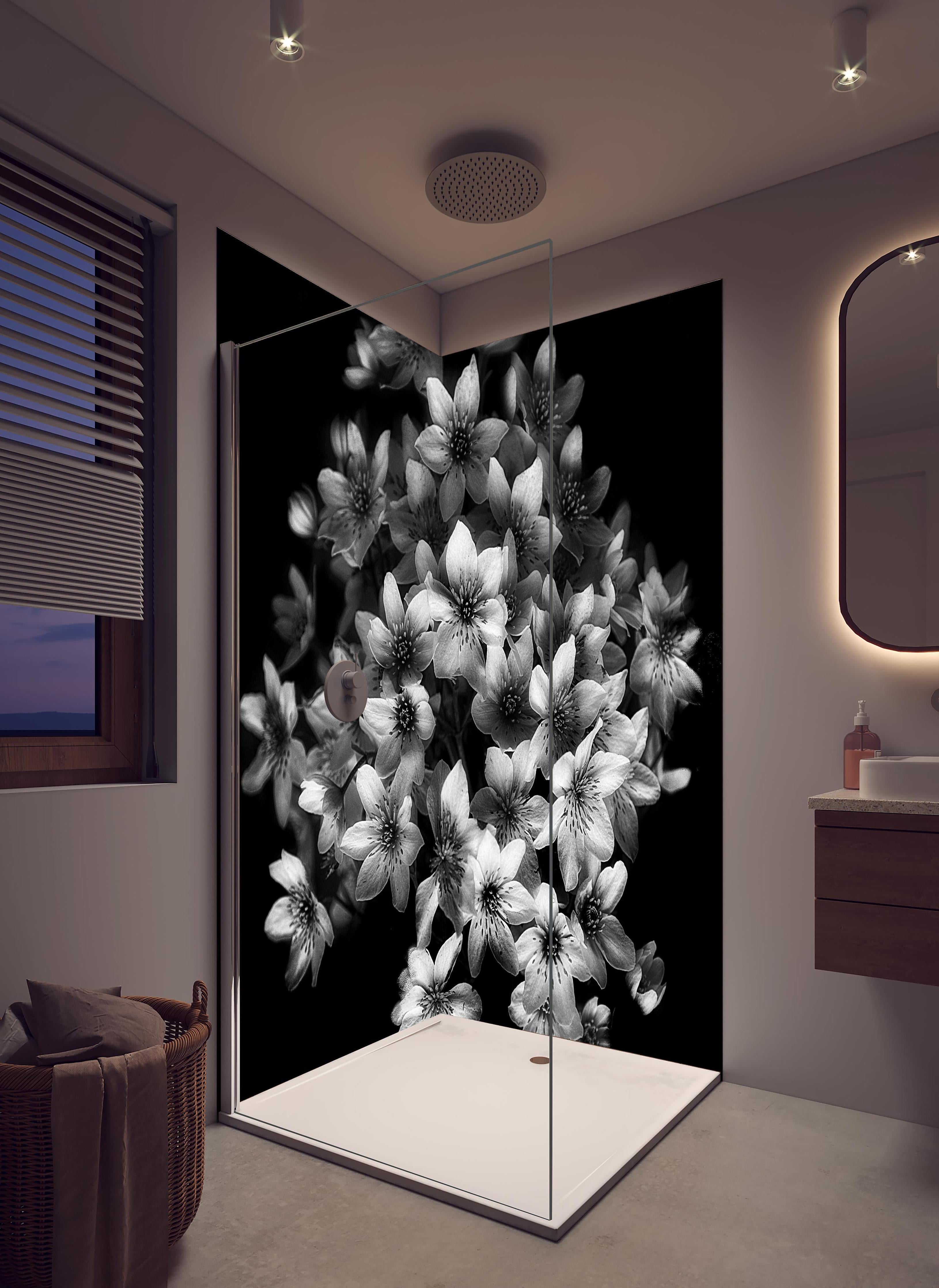 Duschrückwand - Florale Kunst - Blumenstrauß in hellem Badezimmer mit Regenduschkopf - zweiteilige Eck-Duschrückwand