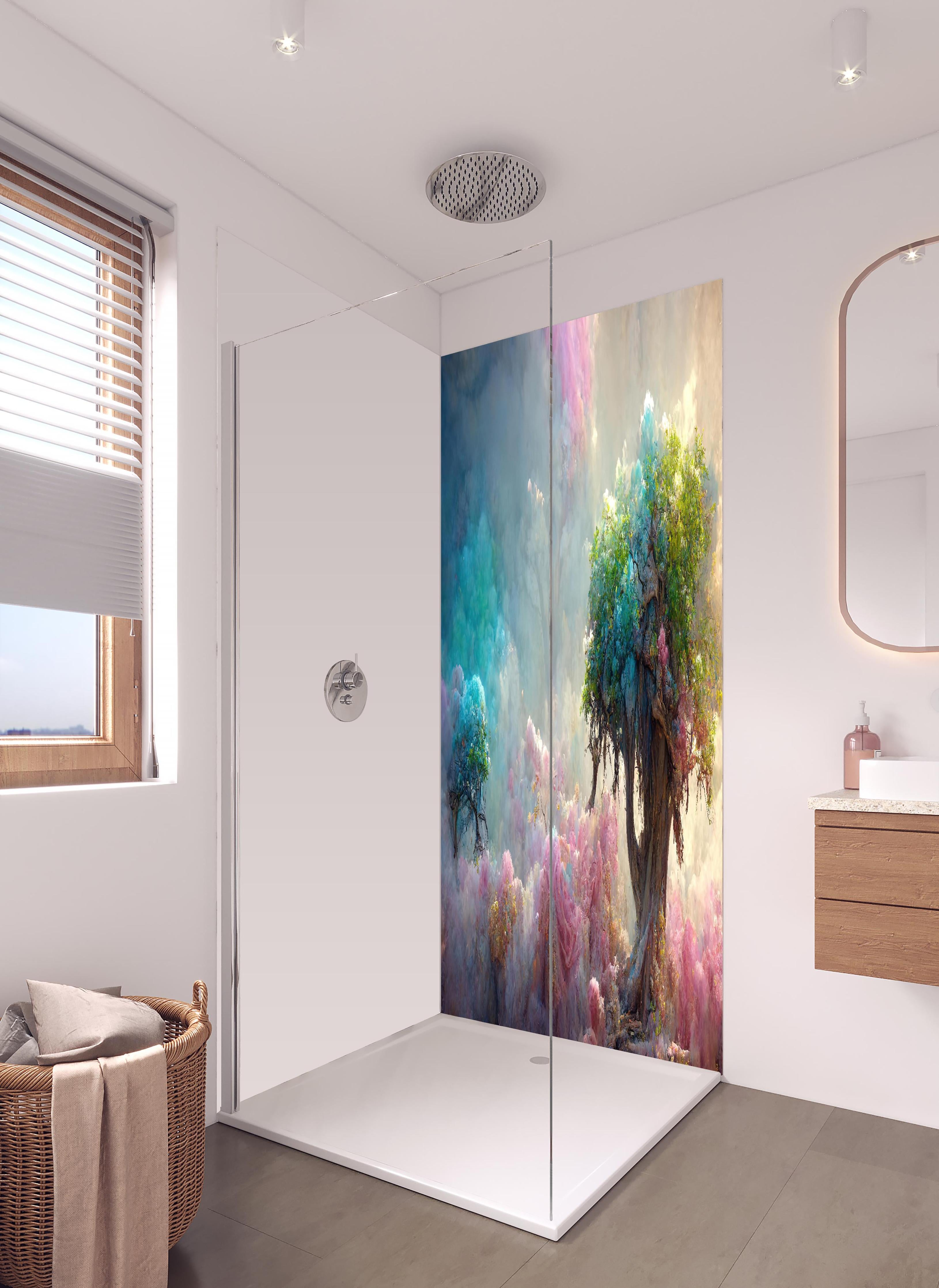 Duschrückwand - Florale Märchenlandschaft in hellem Badezimmer mit Regenduschkopf - zweiteilige Eck-Duschrückwand