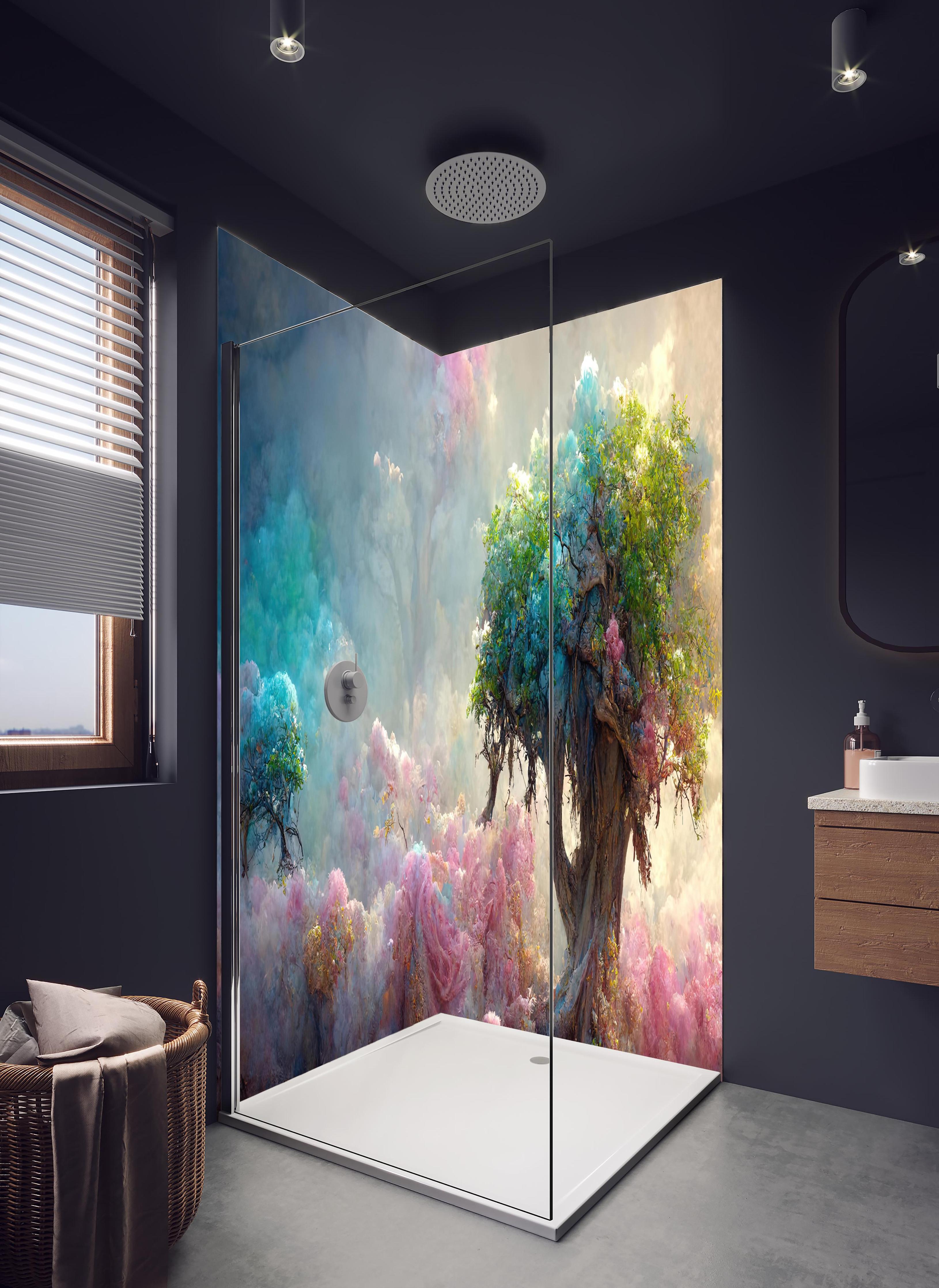 Duschrückwand - Florale Märchenlandschaft in hellem Badezimmer mit Regenduschkopf - zweiteilige Eck-Duschrückwand