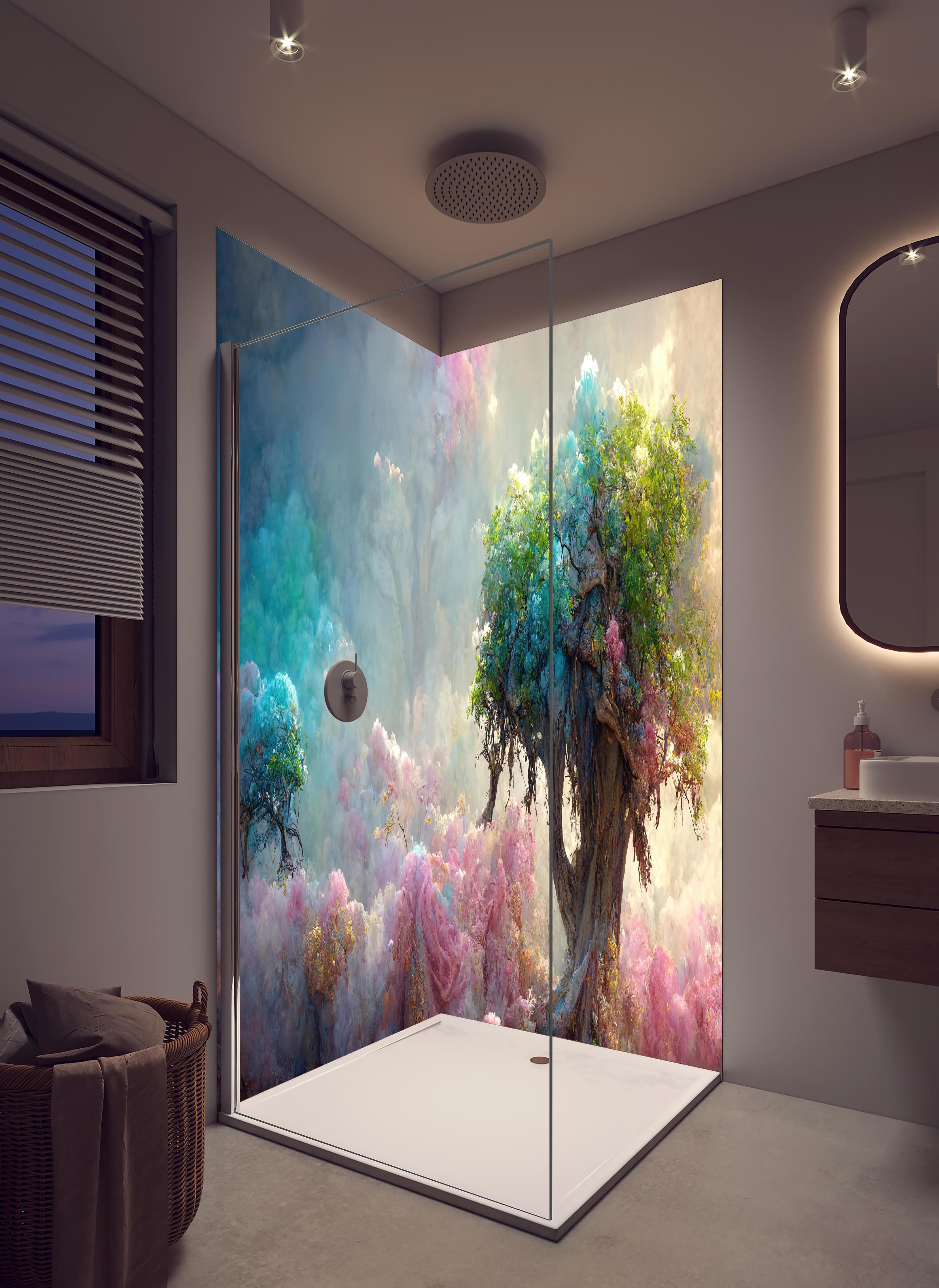 Duschrückwand - Florale Märchenlandschaft in hellem Badezimmer mit Regenduschkopf - zweiteilige Eck-Duschrückwand