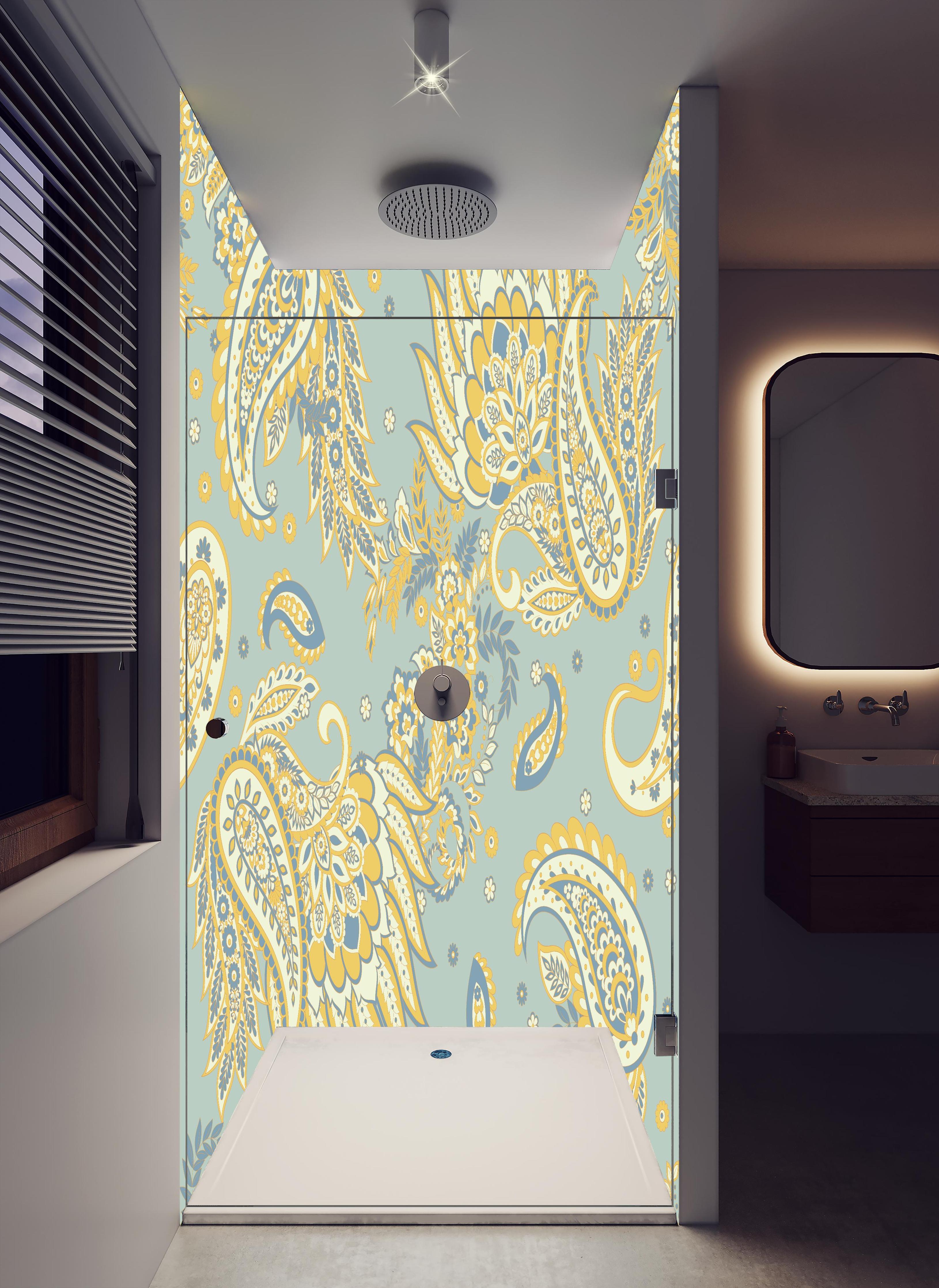 Duschrückwand - Floraler Stoffhintergrund in hellem Badezimmer mit Regenduschkopf - zweiteilige Eck-Duschrückwand