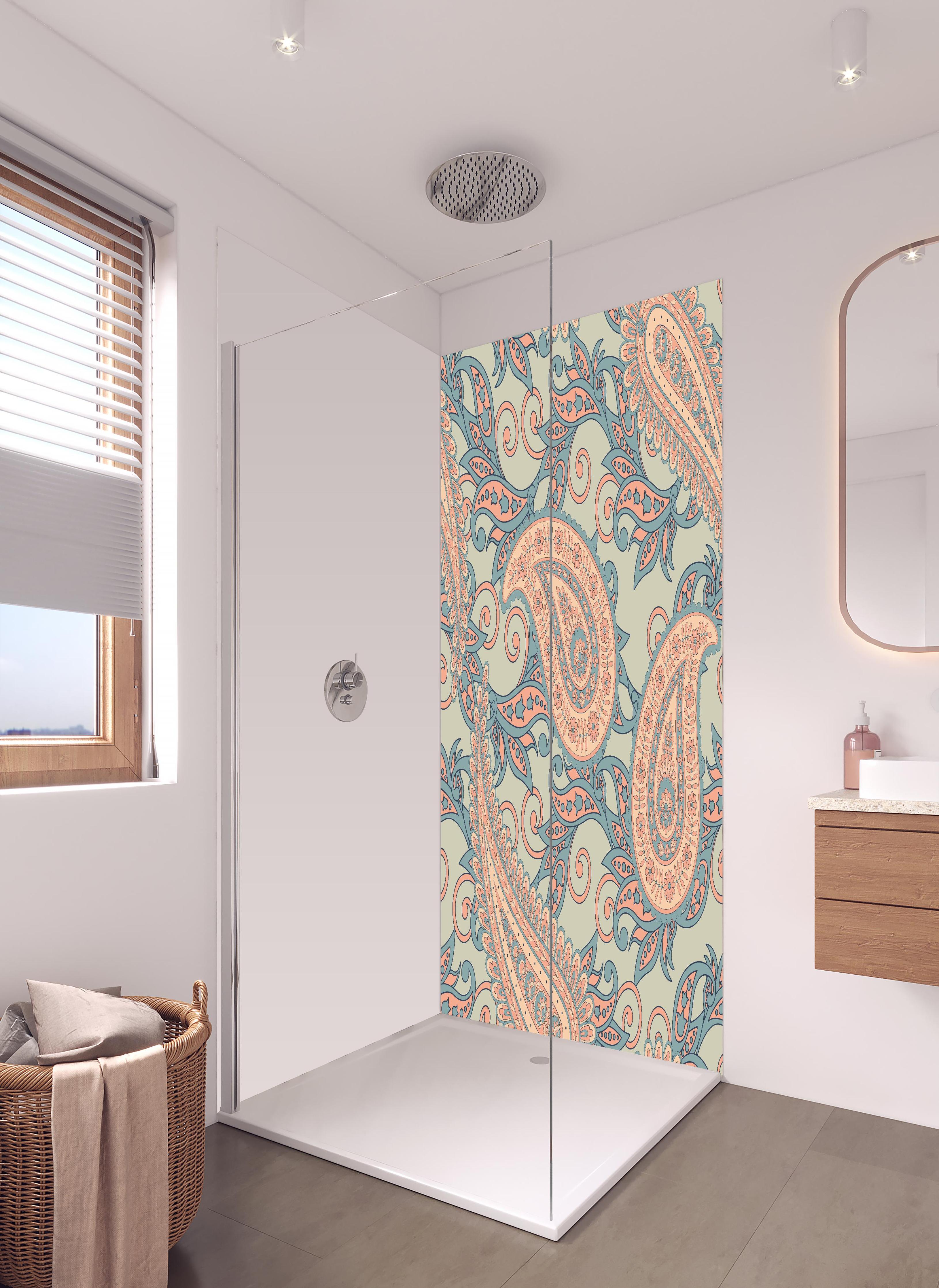 Duschrückwand - Florales Design - orientalisches Muster in hellem Badezimmer mit Regenduschkopf - zweiteilige Eck-Duschrückwand