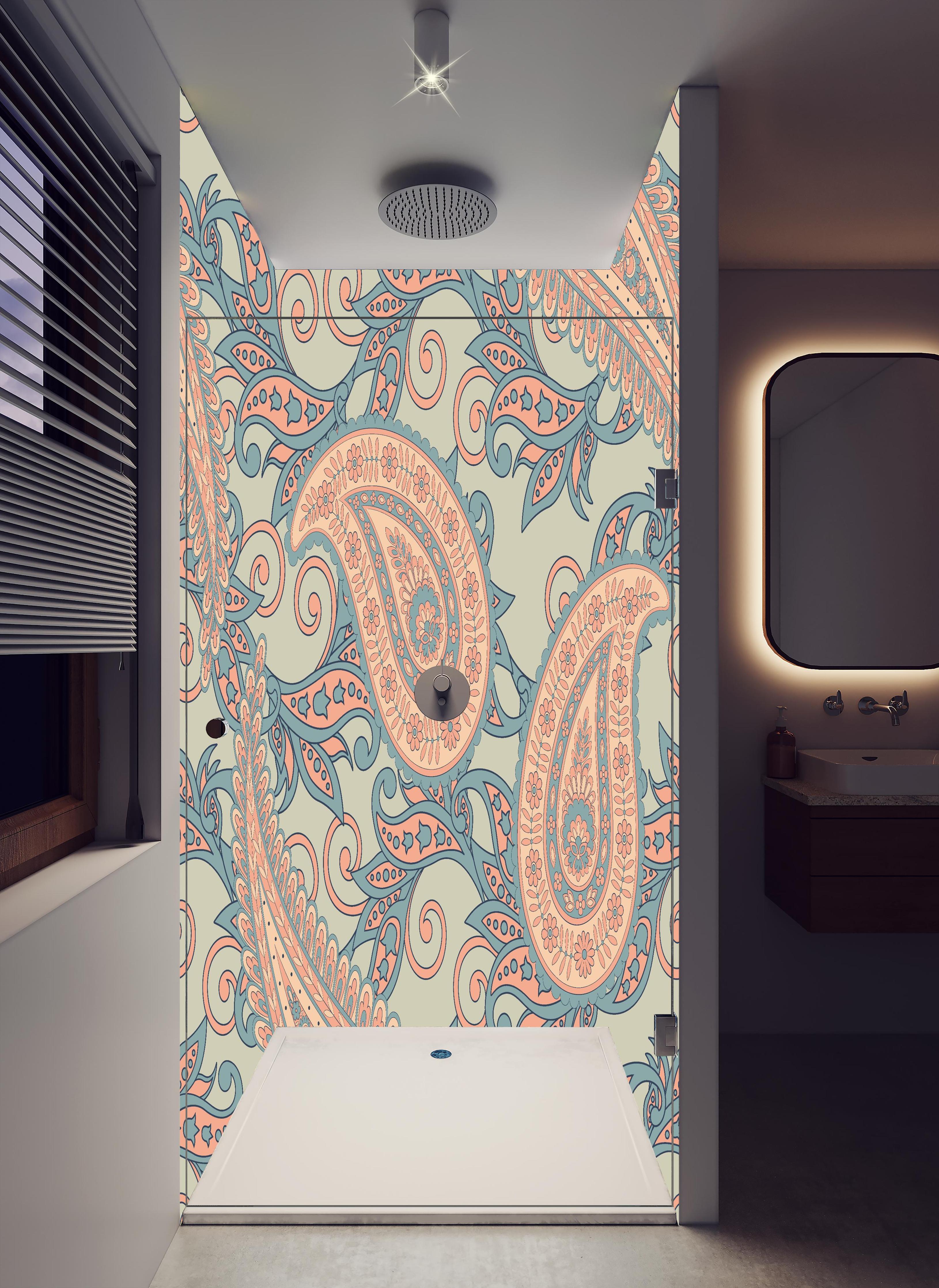 Duschrückwand - Florales Design - orientalisches Muster in hellem Badezimmer mit Regenduschkopf - zweiteilige Eck-Duschrückwand