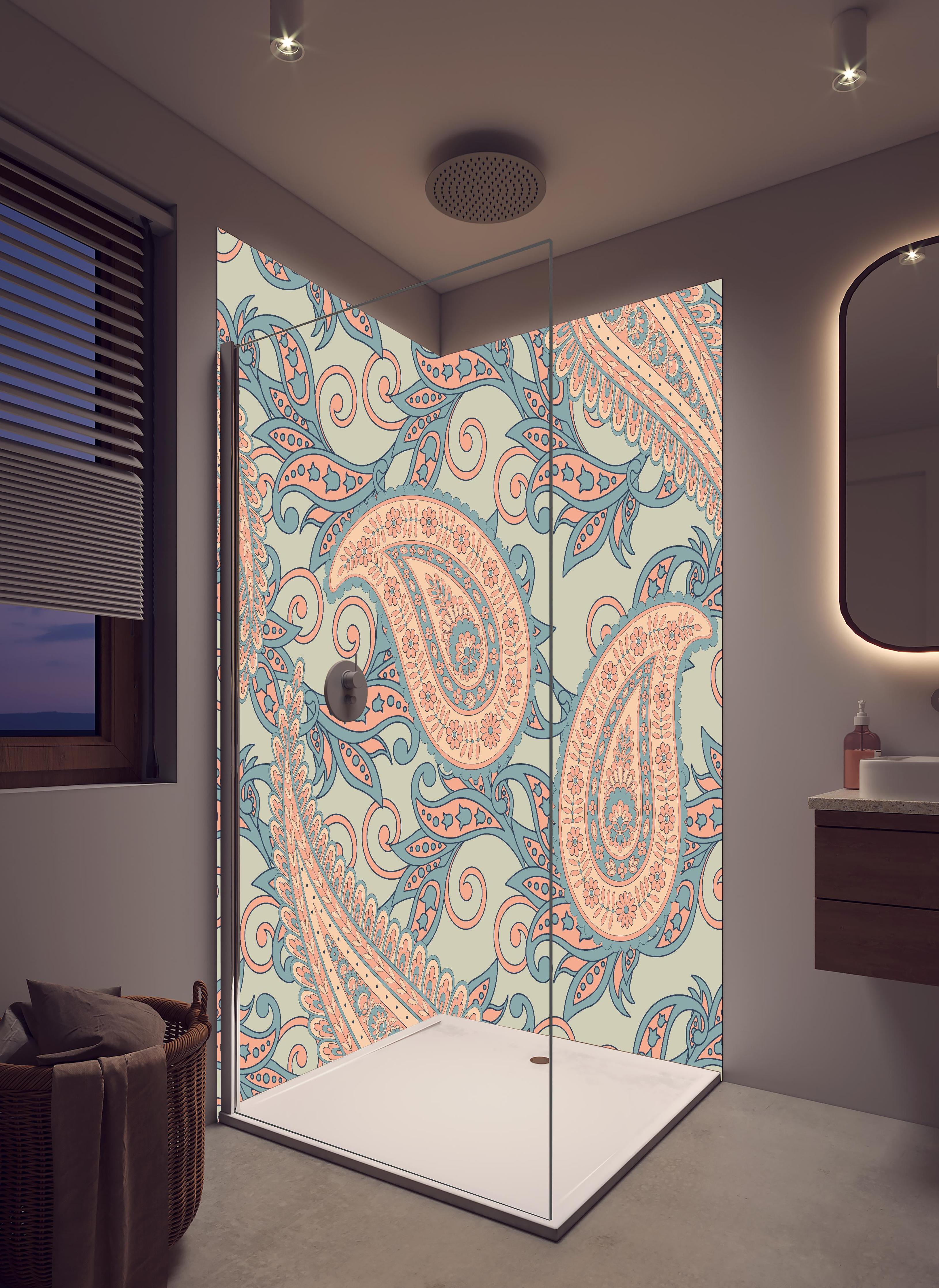 Duschrückwand - Florales Design - orientalisches Muster in hellem Badezimmer mit Regenduschkopf - zweiteilige Eck-Duschrückwand