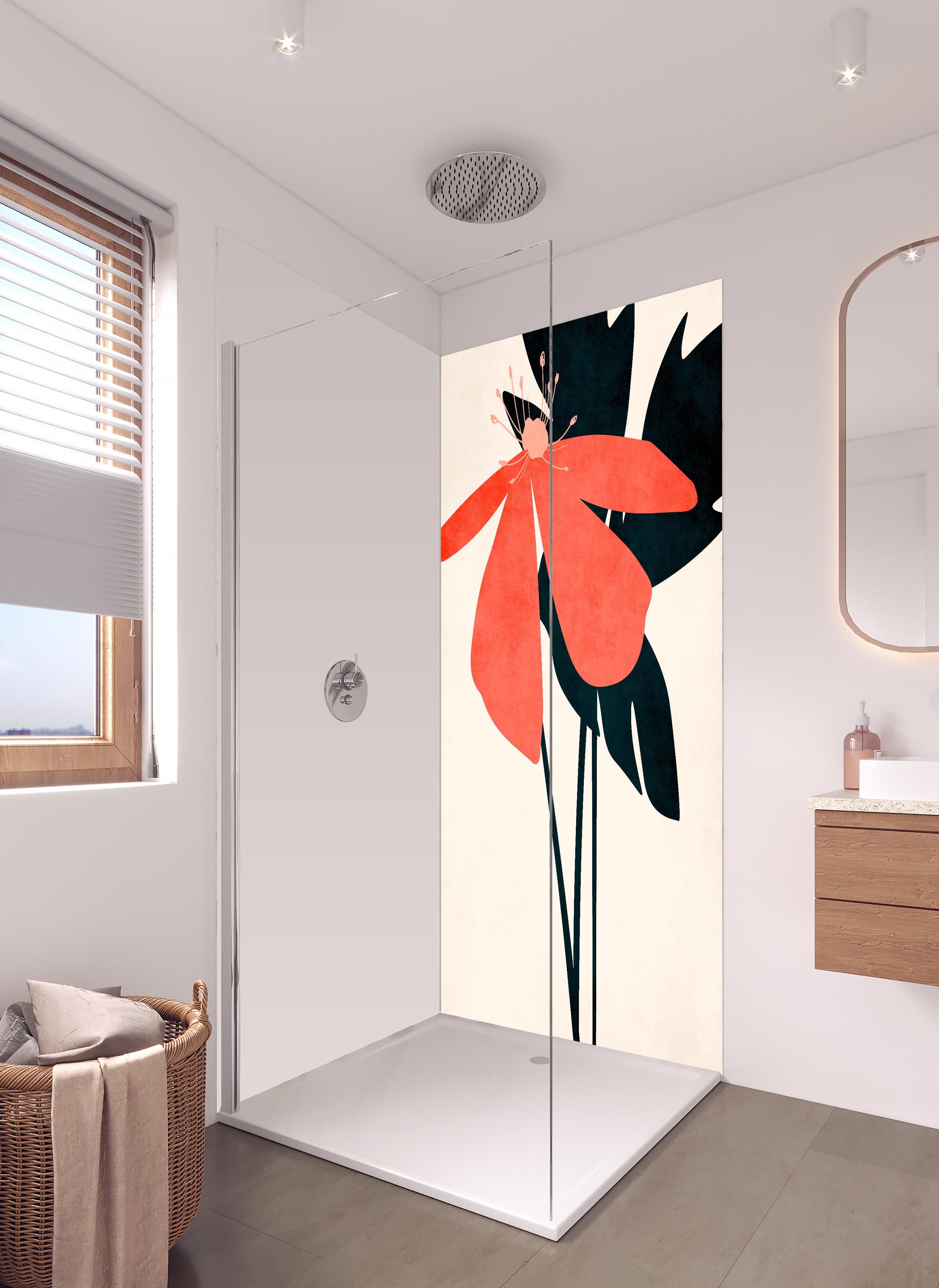 Duschrückwand - Florales Gemälde - Blumen in hellem Badezimmer mit Regenduschkopf - zweiteilige Eck-Duschrückwand