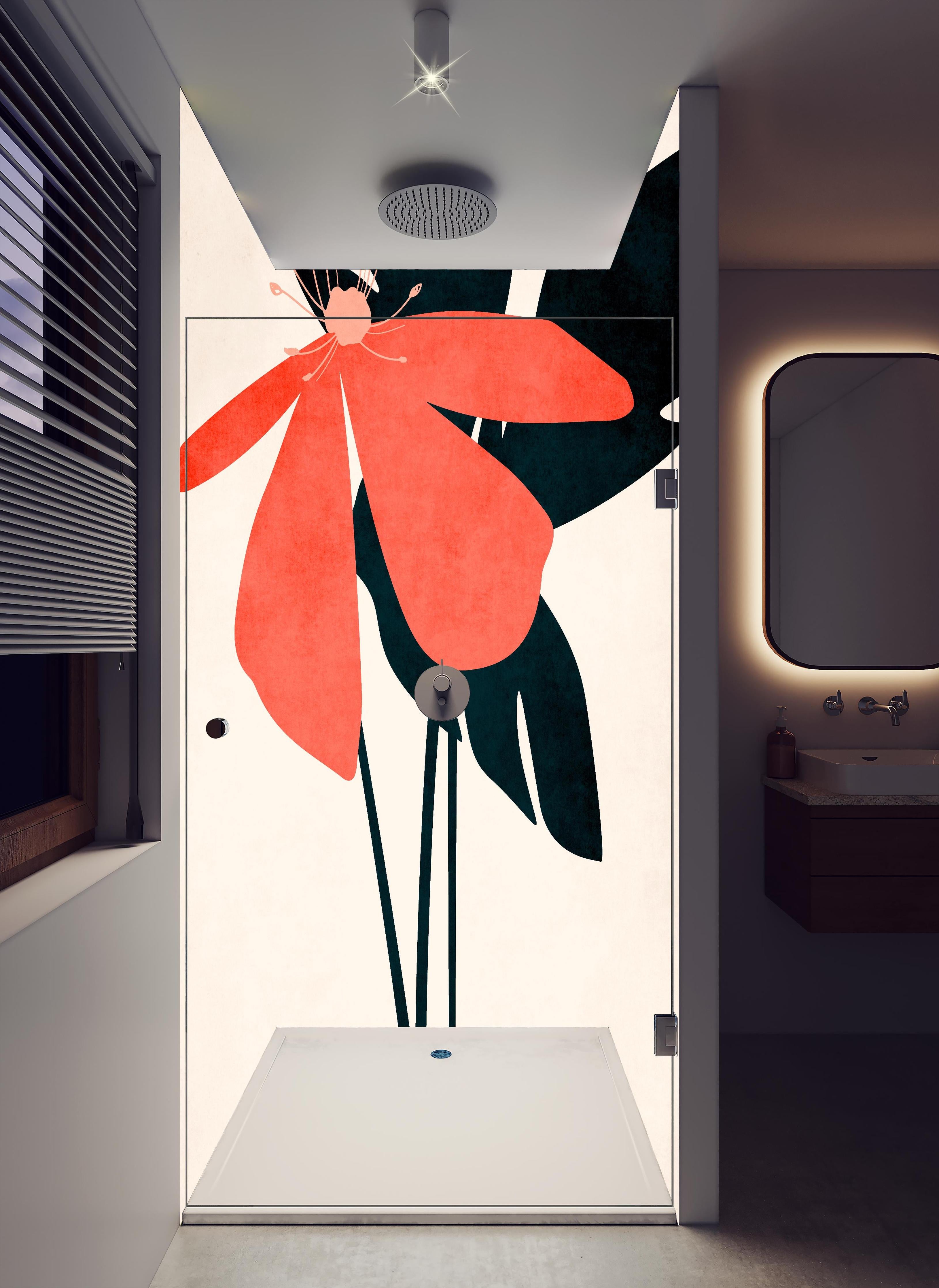 Duschrückwand - Florales Gemälde - Blumen in hellem Badezimmer mit Regenduschkopf - zweiteilige Eck-Duschrückwand