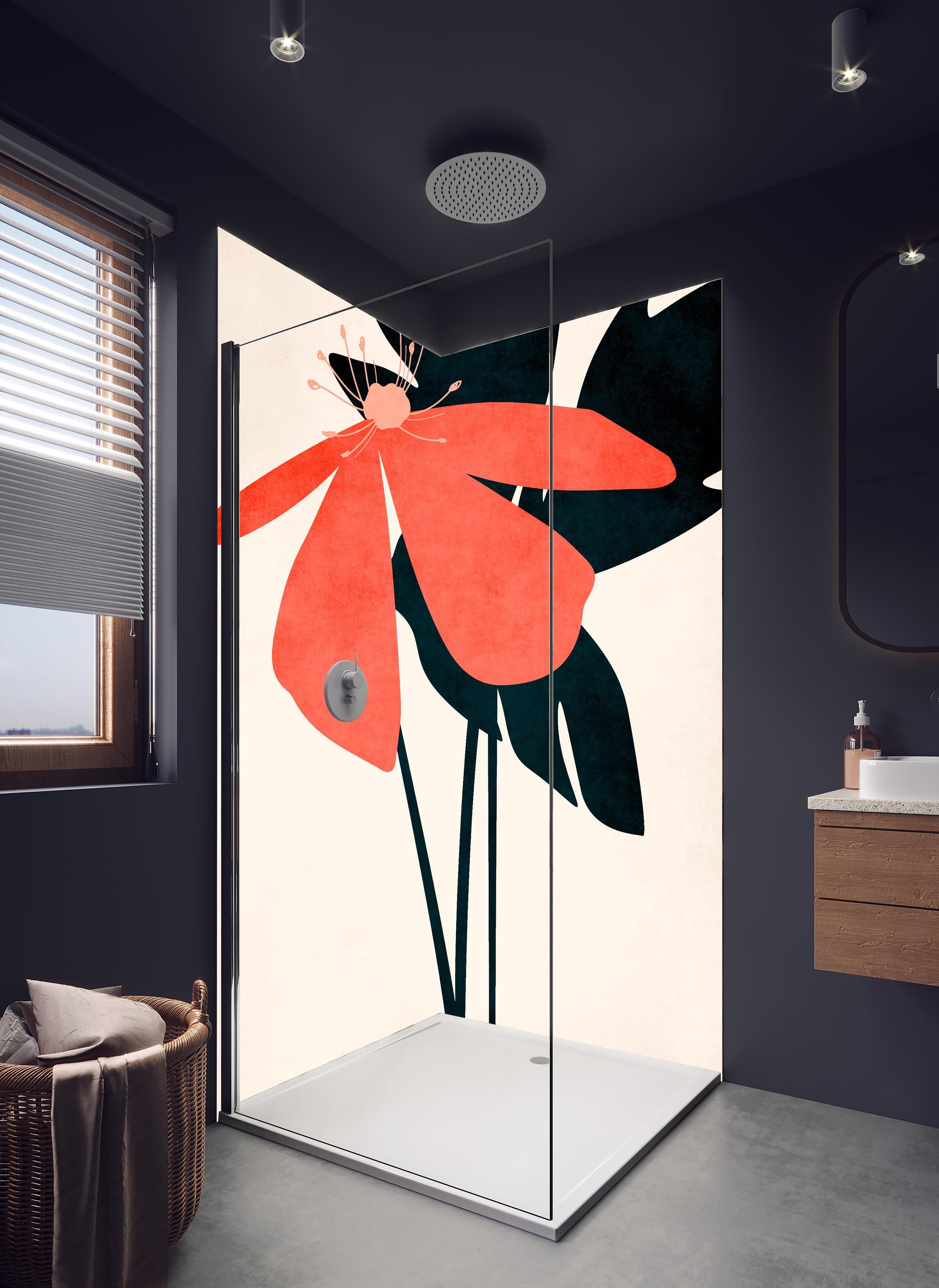 Duschrückwand - Florales Gemälde - Blumen in hellem Badezimmer mit Regenduschkopf - zweiteilige Eck-Duschrückwand