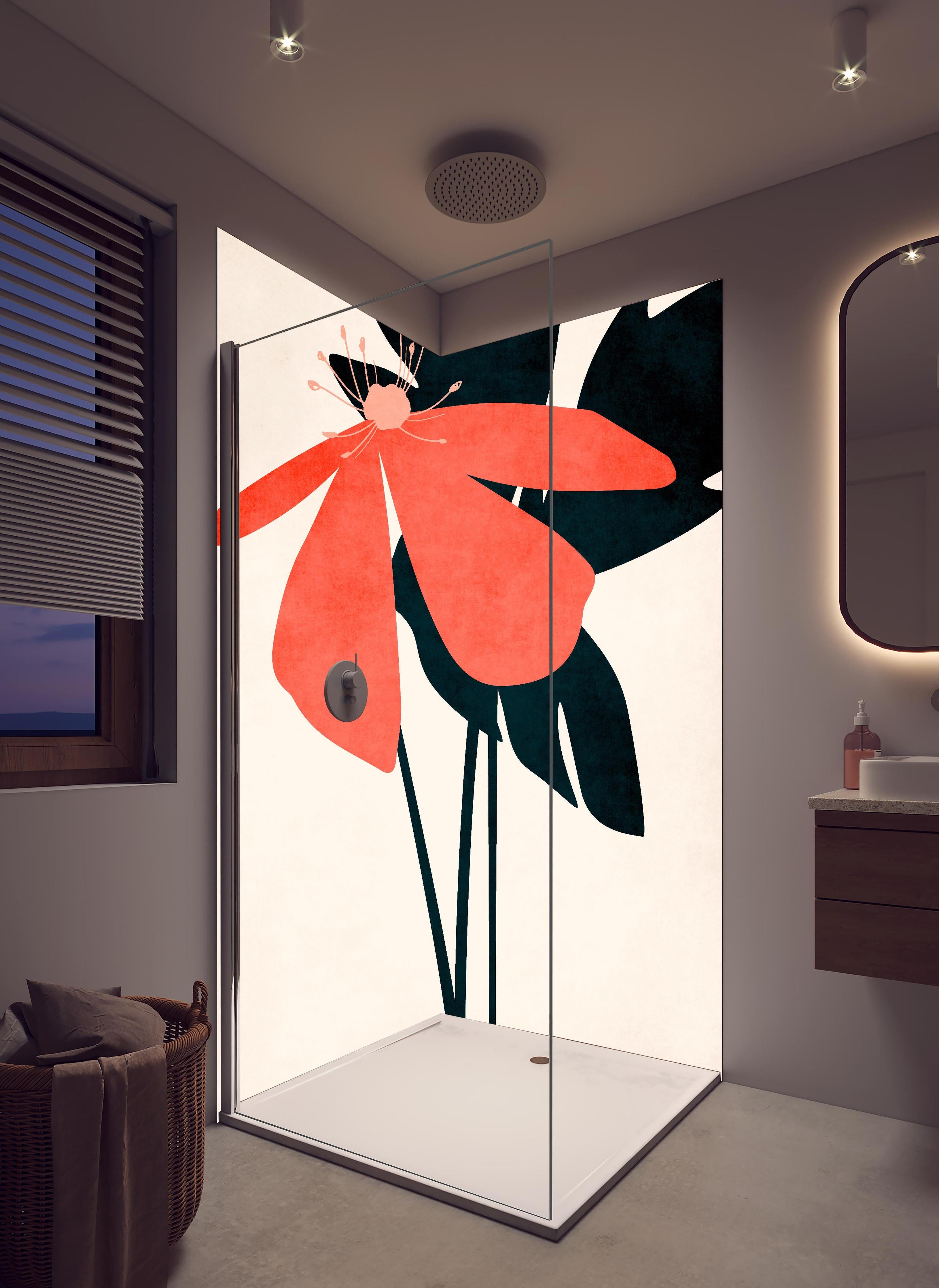 Duschrückwand - Florales Gemälde - Blumen in hellem Badezimmer mit Regenduschkopf - zweiteilige Eck-Duschrückwand