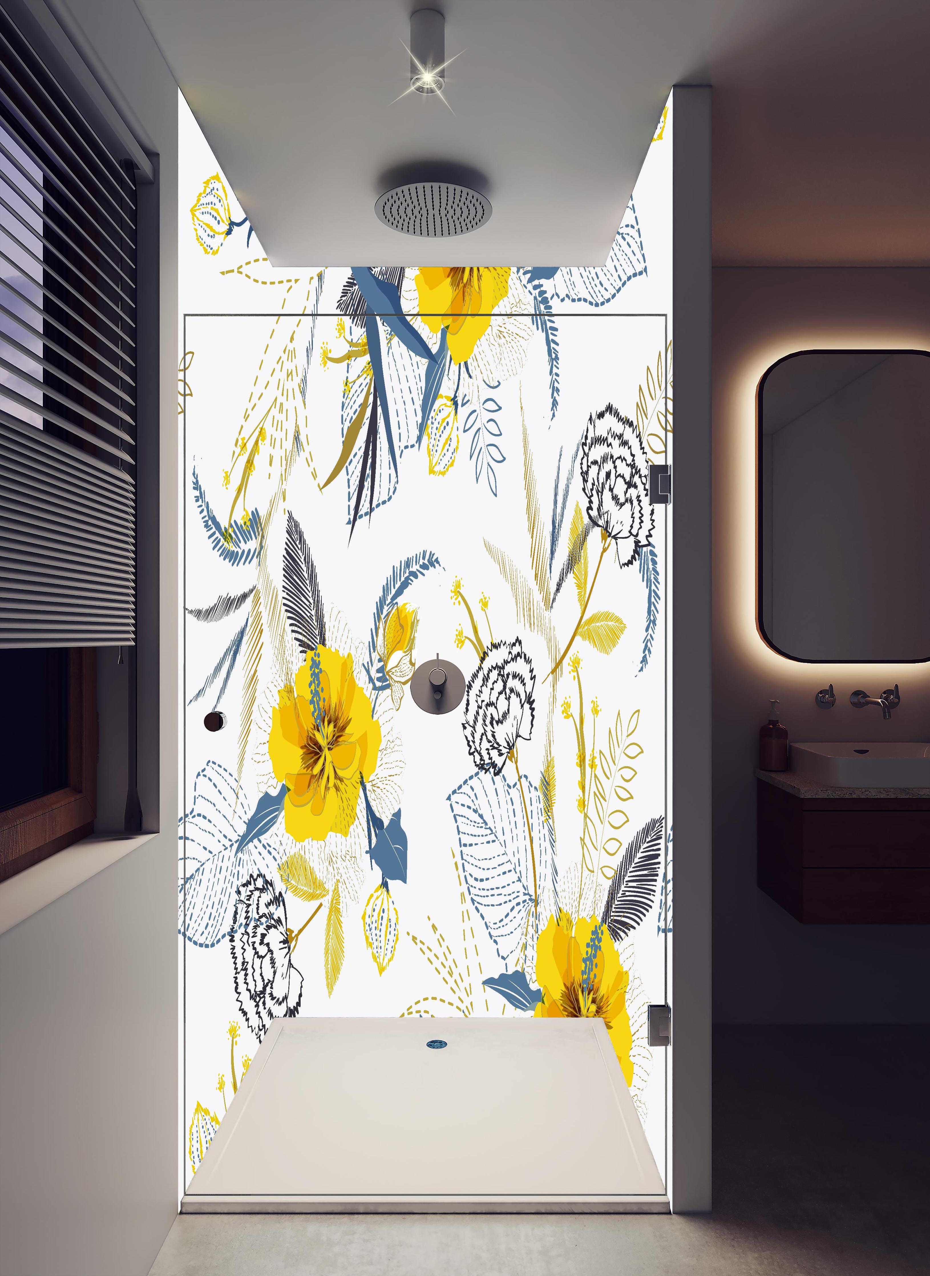 Duschrückwand - Florales Muster Gelb Weiß Illustration in hellem Badezimmer mit Regenduschkopf - zweiteilige Eck-Duschrückwand