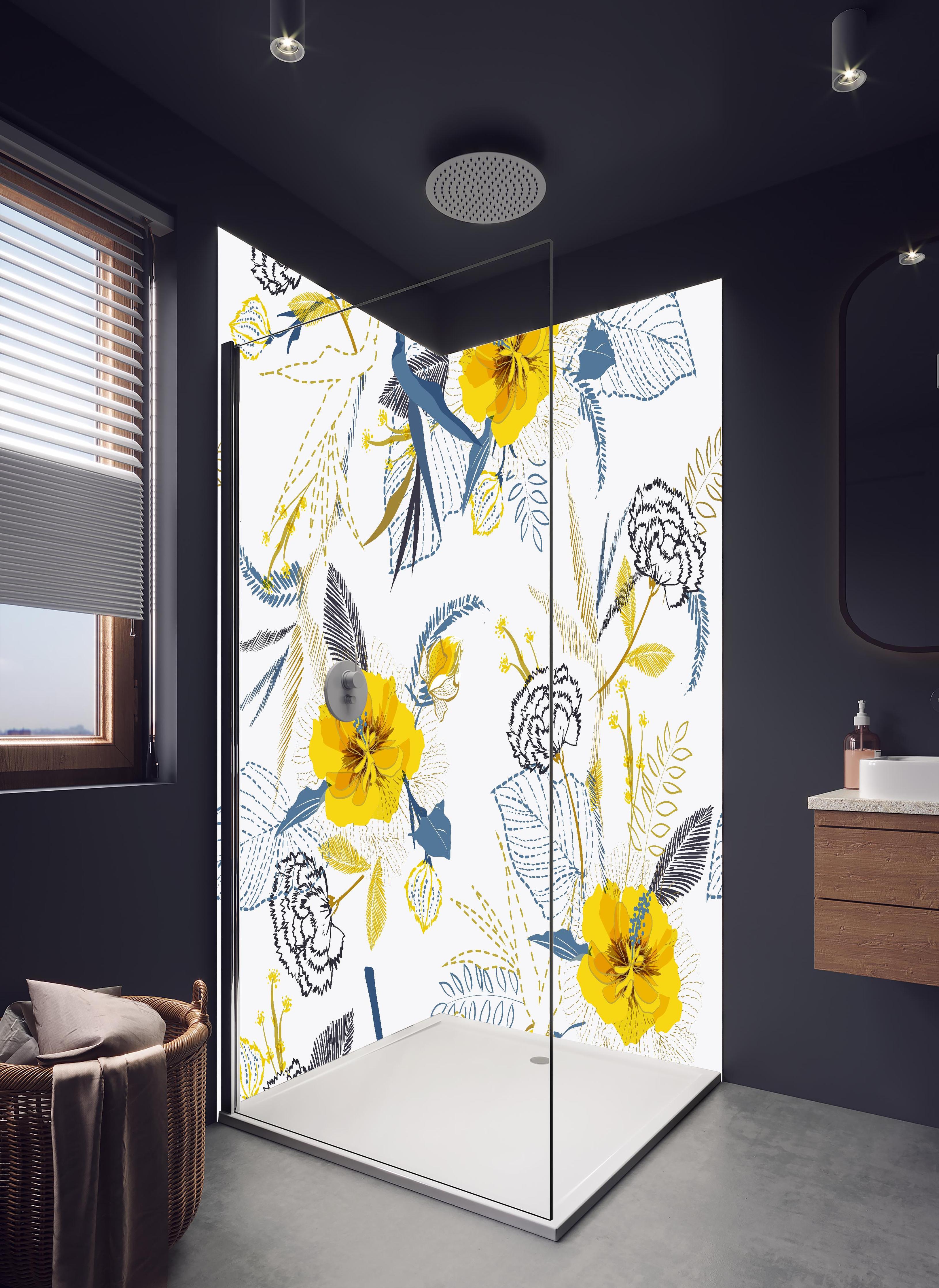 Duschrückwand - Florales Muster Gelb Weiß Illustration in hellem Badezimmer mit Regenduschkopf - zweiteilige Eck-Duschrückwand