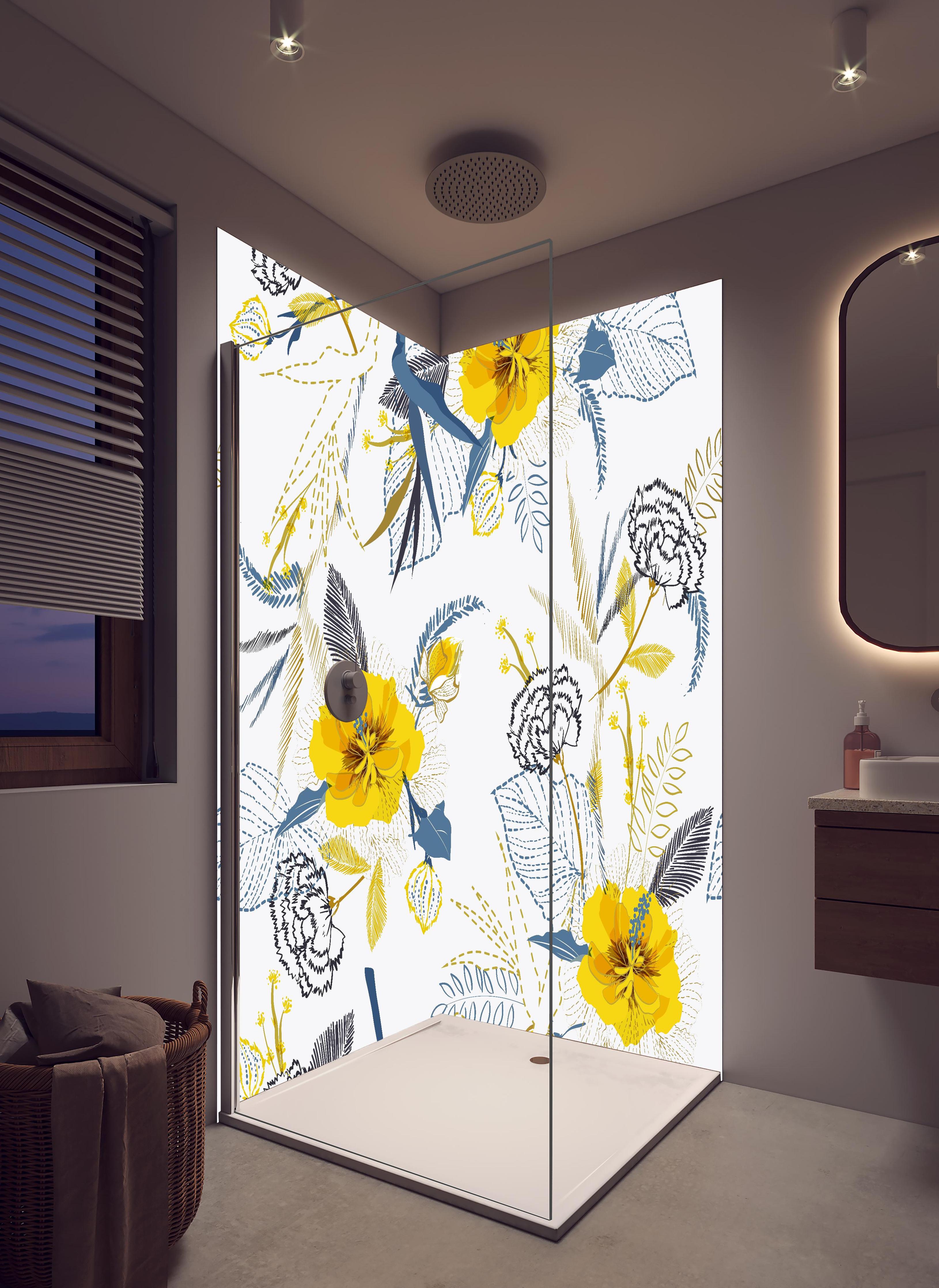 Duschrückwand - Florales Muster Gelb Weiß Illustration in hellem Badezimmer mit Regenduschkopf - zweiteilige Eck-Duschrückwand