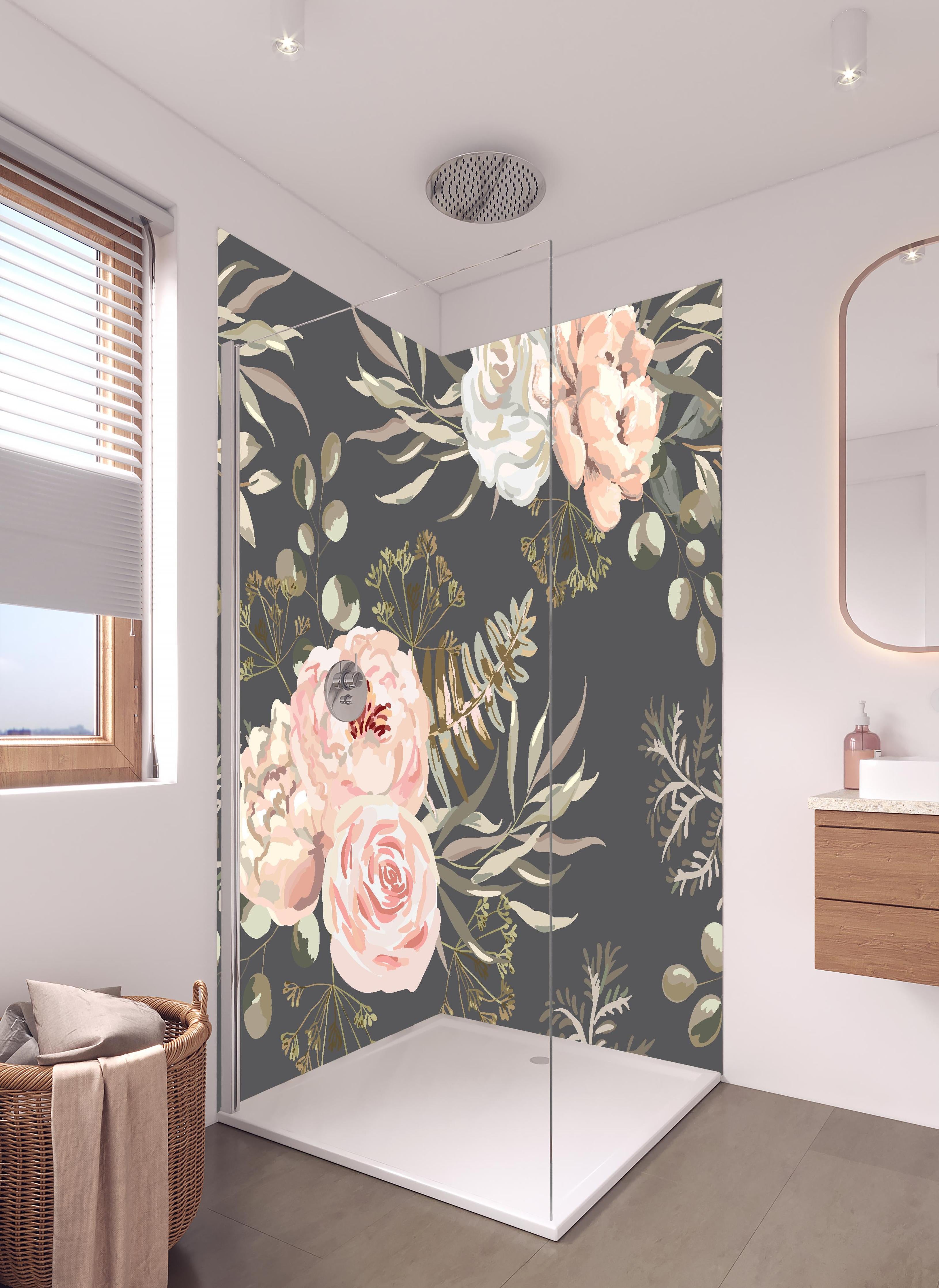 Duschrückwand - Florales Muster Rosa Blüten auf Dunkelgrau in hellem Badezimmer mit Regenduschkopf - zweiteilige Eck-Duschrückwand