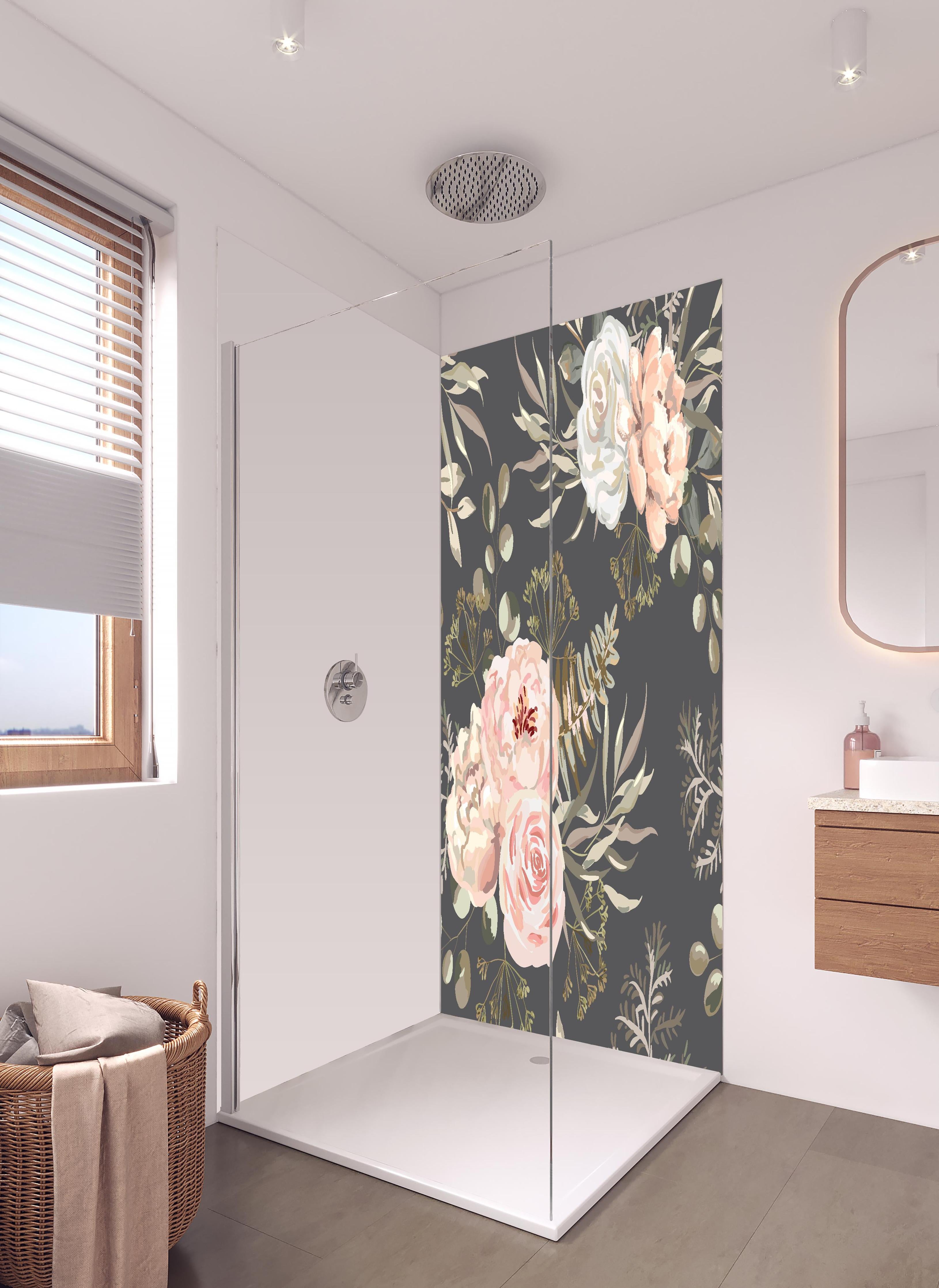 Duschrückwand - Florales Muster Rosa Blüten auf Dunkelgrau in hellem Badezimmer mit Regenduschkopf - zweiteilige Eck-Duschrückwand