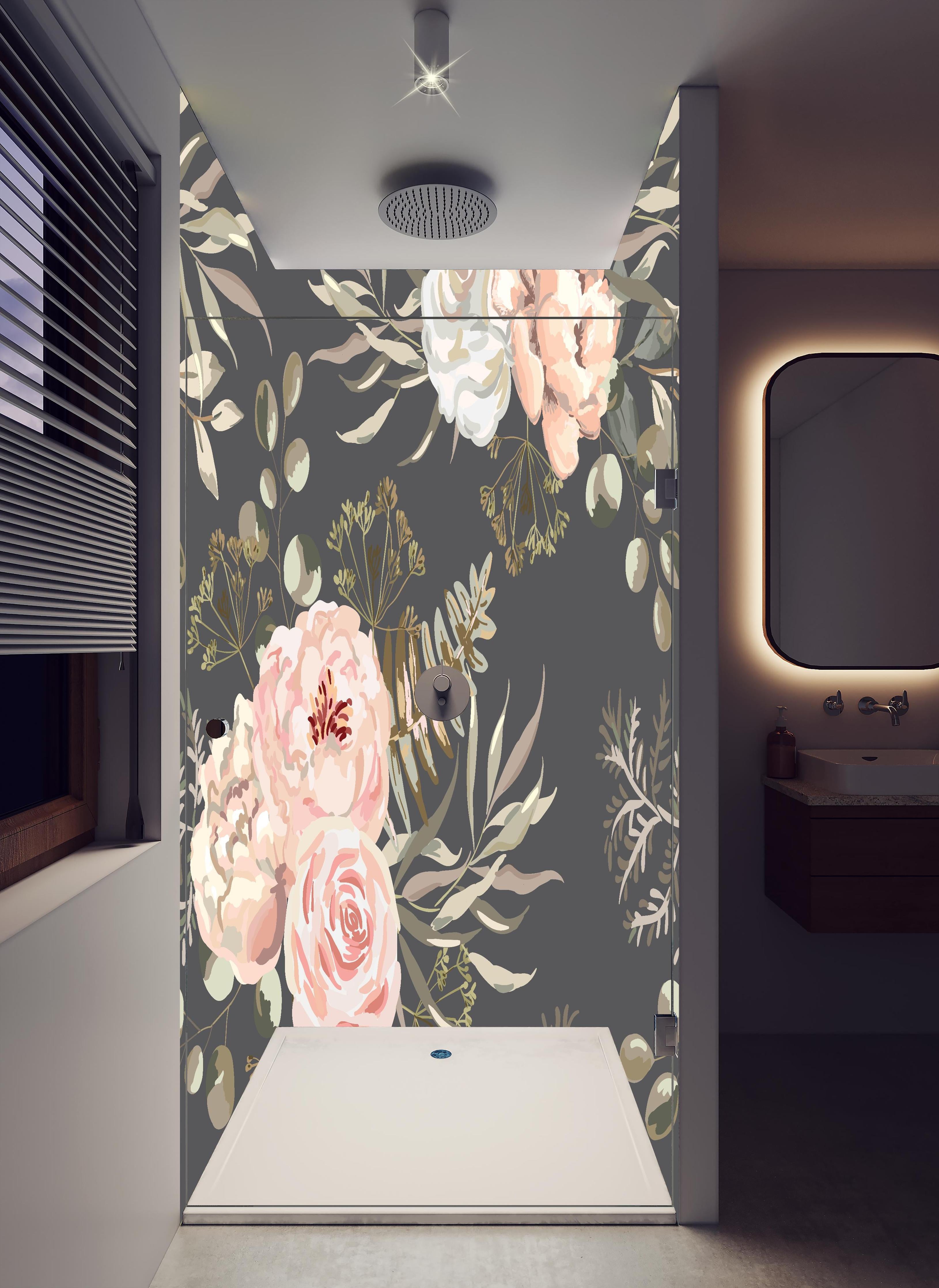 Duschrückwand - Florales Muster Rosa Blüten auf Dunkelgrau in hellem Badezimmer mit Regenduschkopf - zweiteilige Eck-Duschrückwand