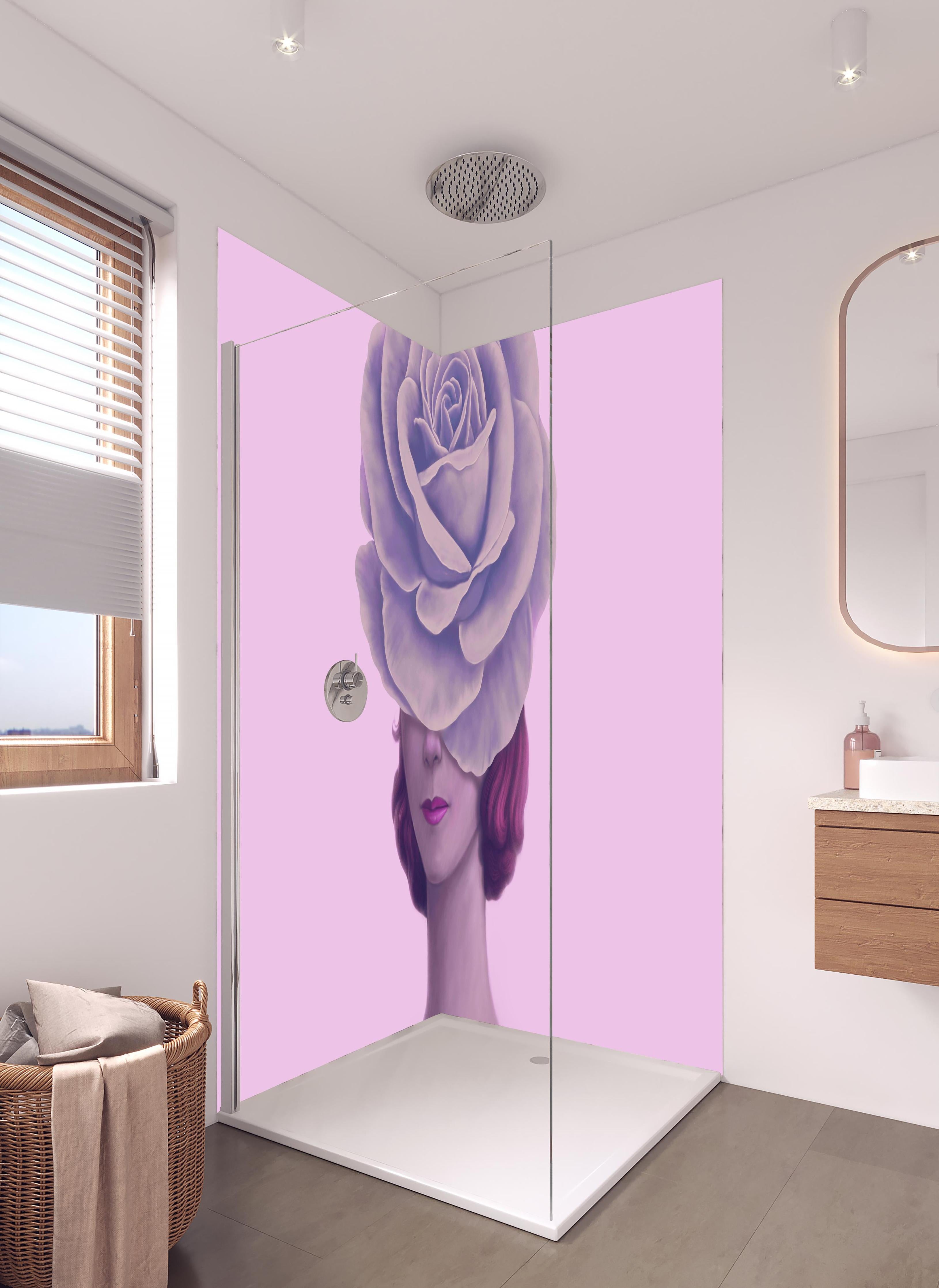 Duschrückwand - Florales Portrait - 3D Darstellung in hellem Badezimmer mit Regenduschkopf - zweiteilige Eck-Duschrückwand