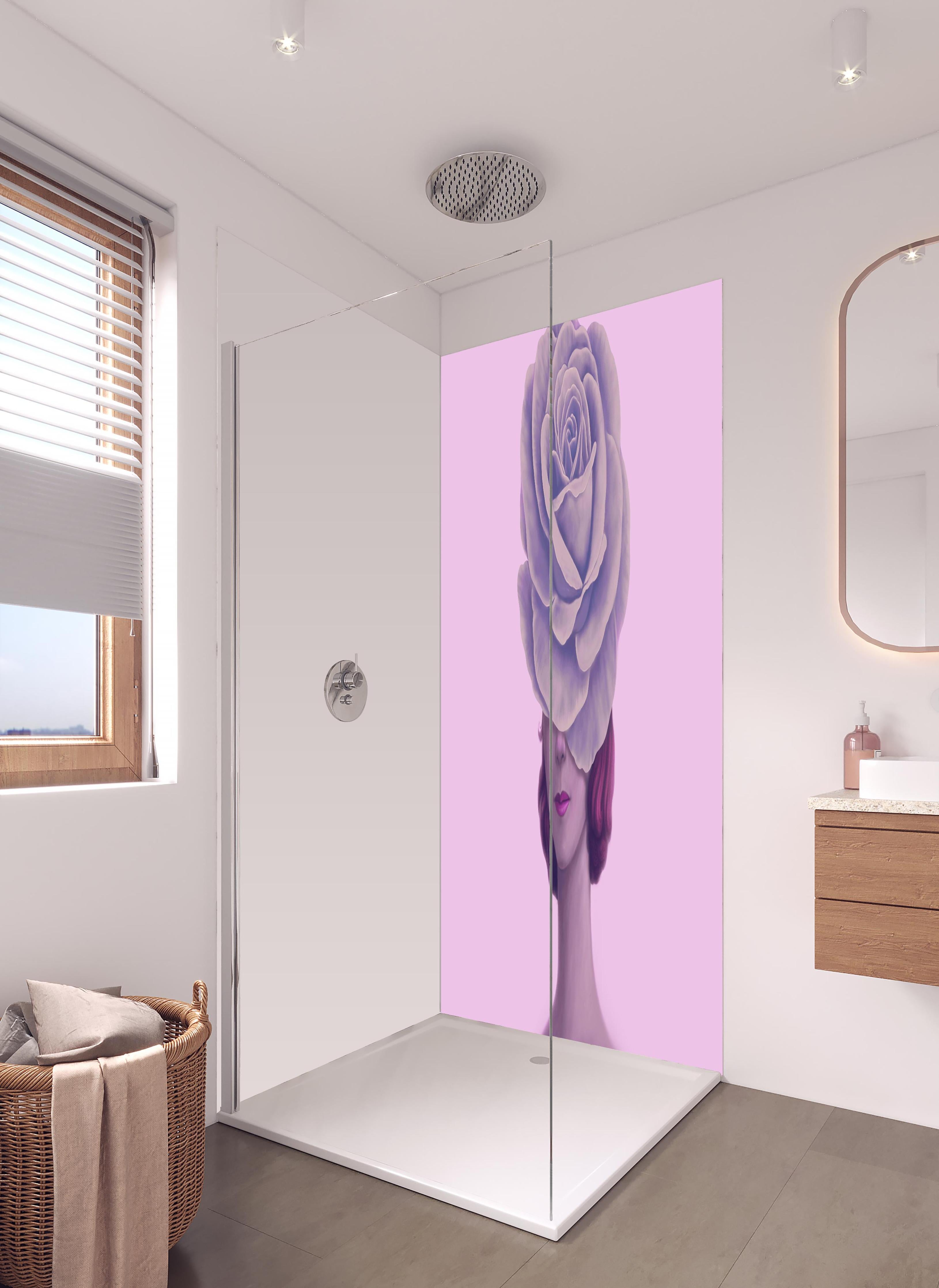 Duschrückwand - Florales Portrait - 3D Darstellung in hellem Badezimmer mit Regenduschkopf - zweiteilige Eck-Duschrückwand