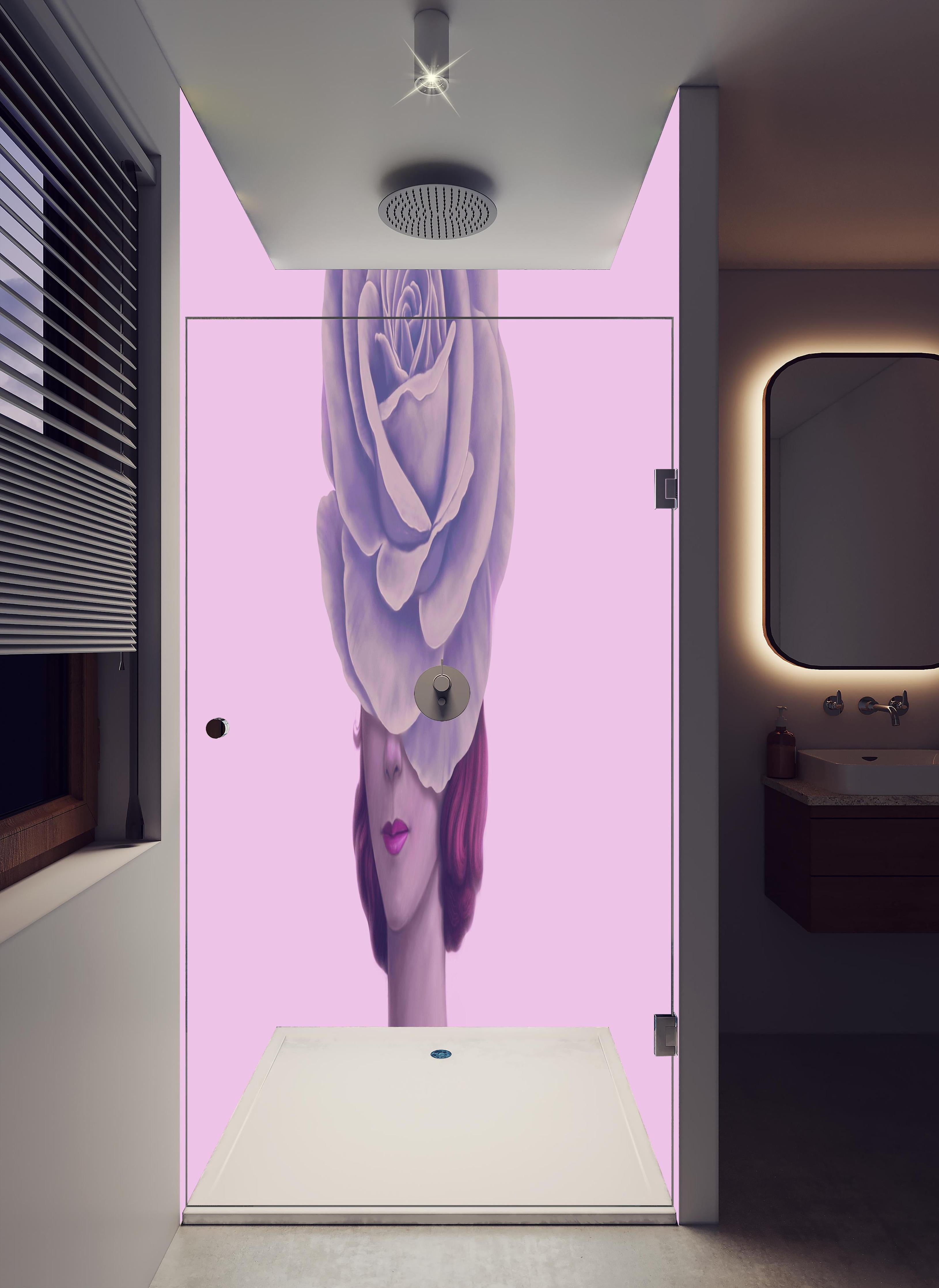 Duschrückwand - Florales Portrait - 3D Darstellung in hellem Badezimmer mit Regenduschkopf - zweiteilige Eck-Duschrückwand