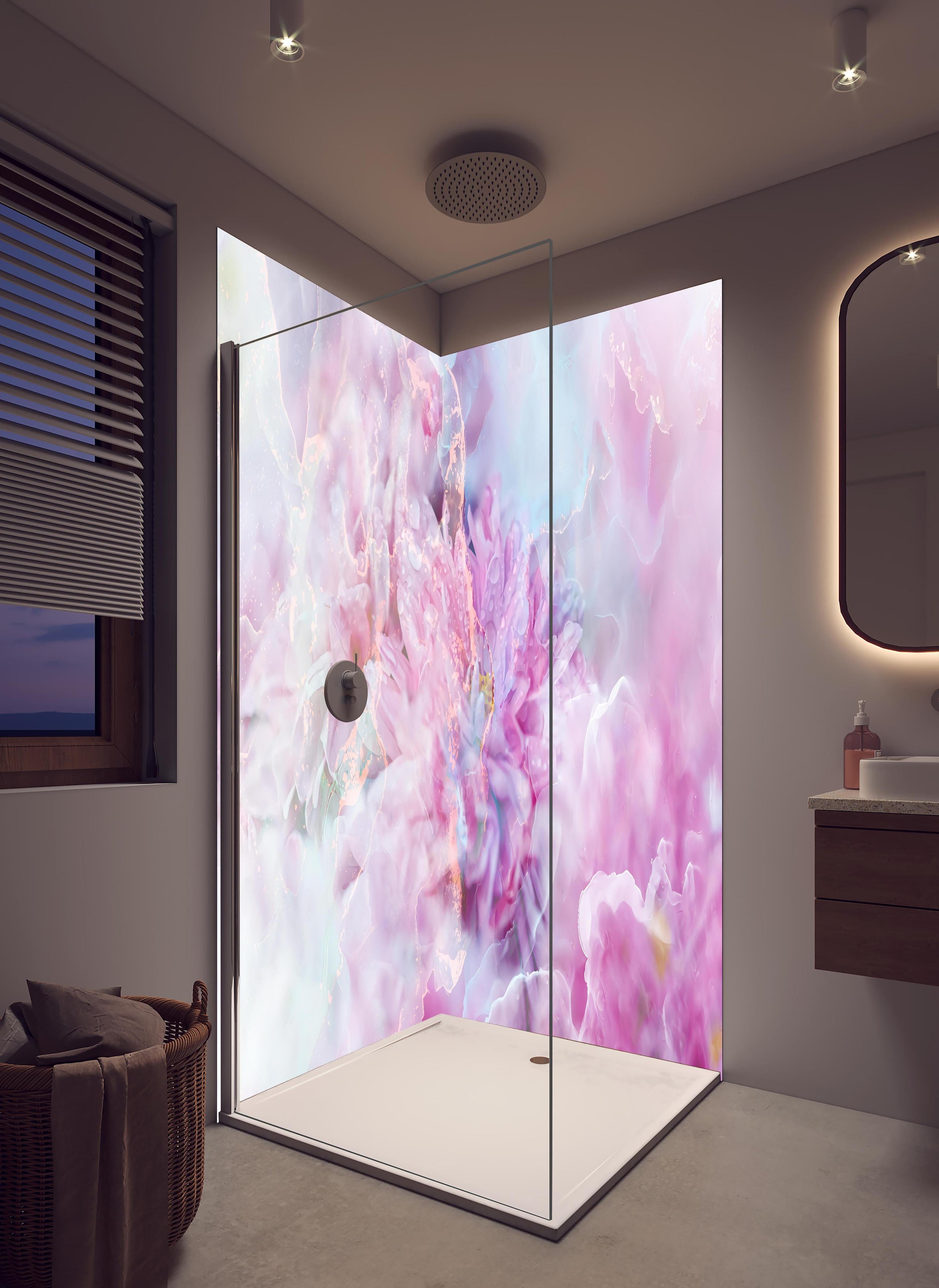 Duschrückwand - Florales Portrait - Pastell in hellem Badezimmer mit Regenduschkopf - zweiteilige Eck-Duschrückwand