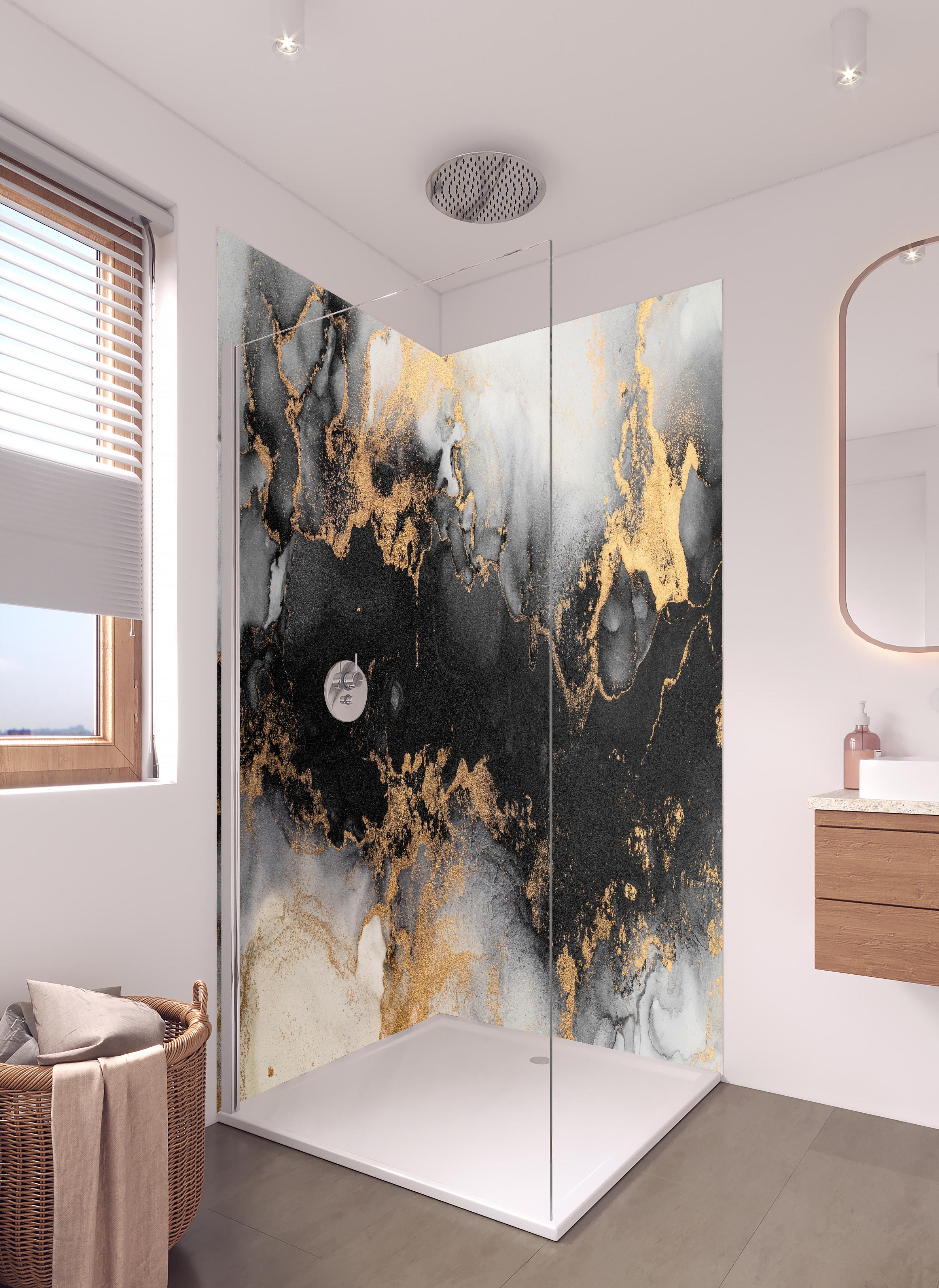 Duschrückwand - Flüssigkunst - Marmor in hellem Badezimmer mit Regenduschkopf - zweiteilige Eck-Duschrückwand