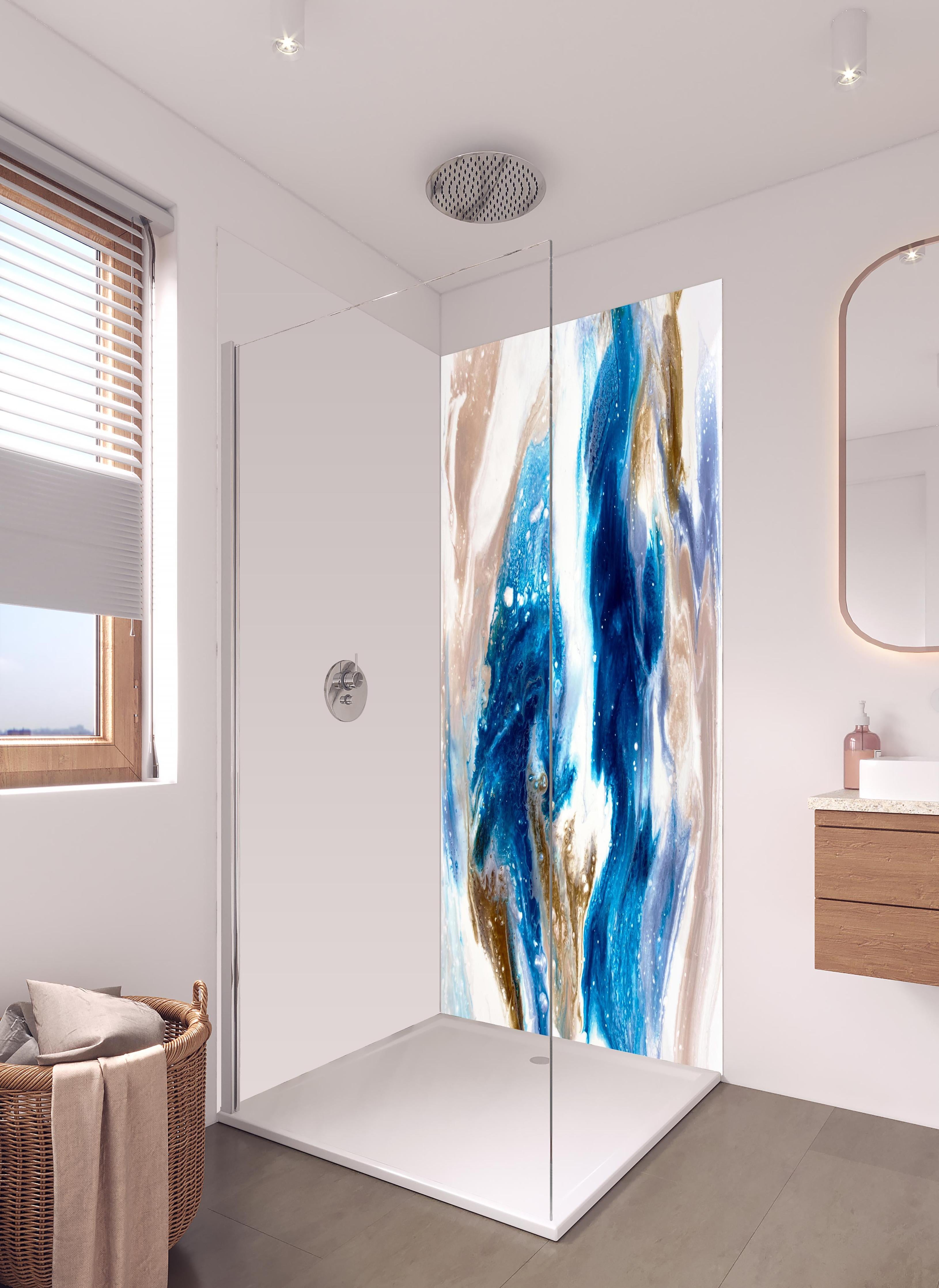 Duschrückwand - Flüssigkunst Malerei - Abstrakt in hellem Badezimmer mit Regenduschkopf - zweiteilige Eck-Duschrückwand