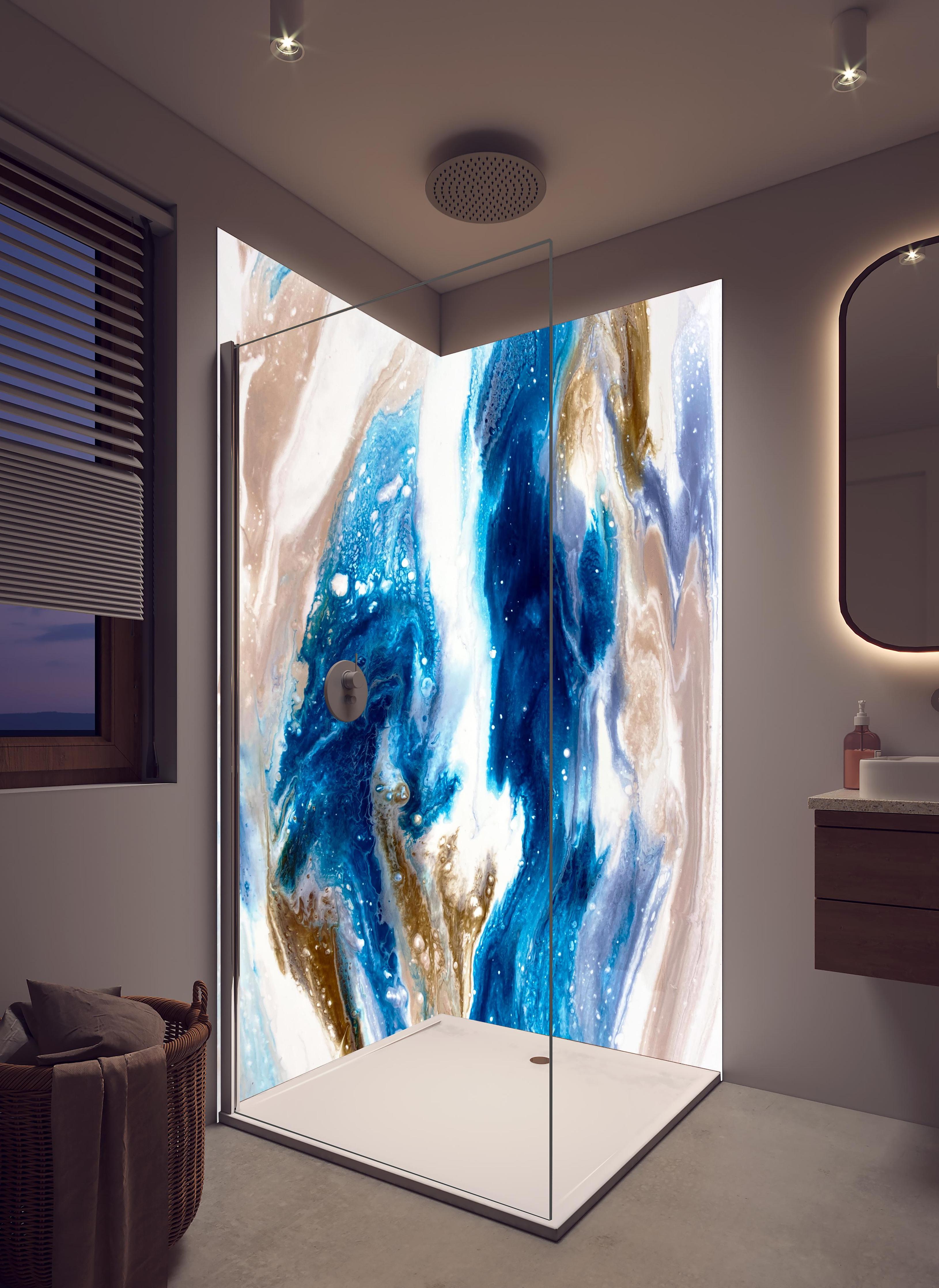 Duschrückwand - Flüssigkunst Malerei - Abstrakt in hellem Badezimmer mit Regenduschkopf - zweiteilige Eck-Duschrückwand