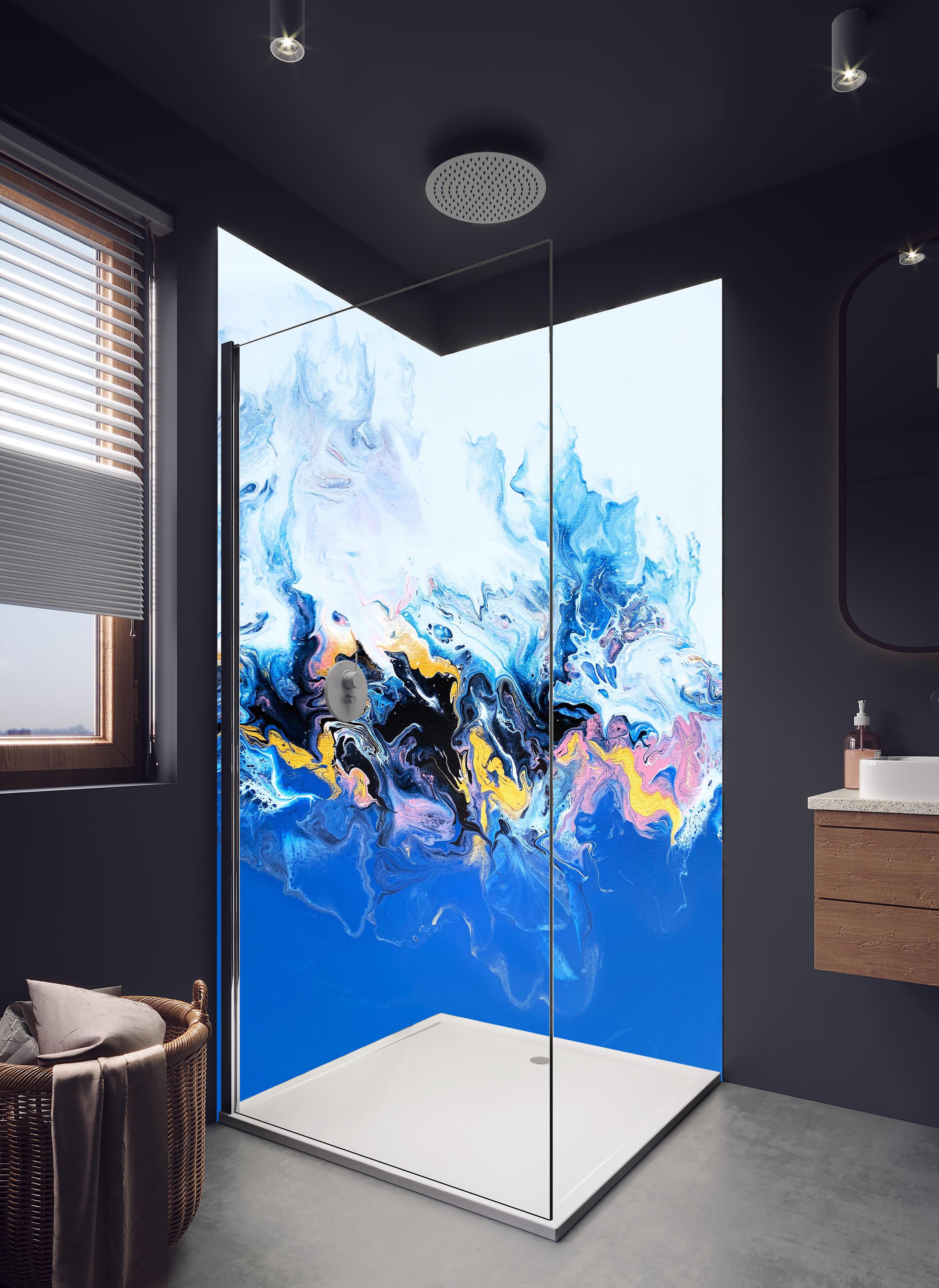 Duschrückwand - Flüssigkunst Malerei - Bläulich in hellem Badezimmer mit Regenduschkopf - zweiteilige Eck-Duschrückwand