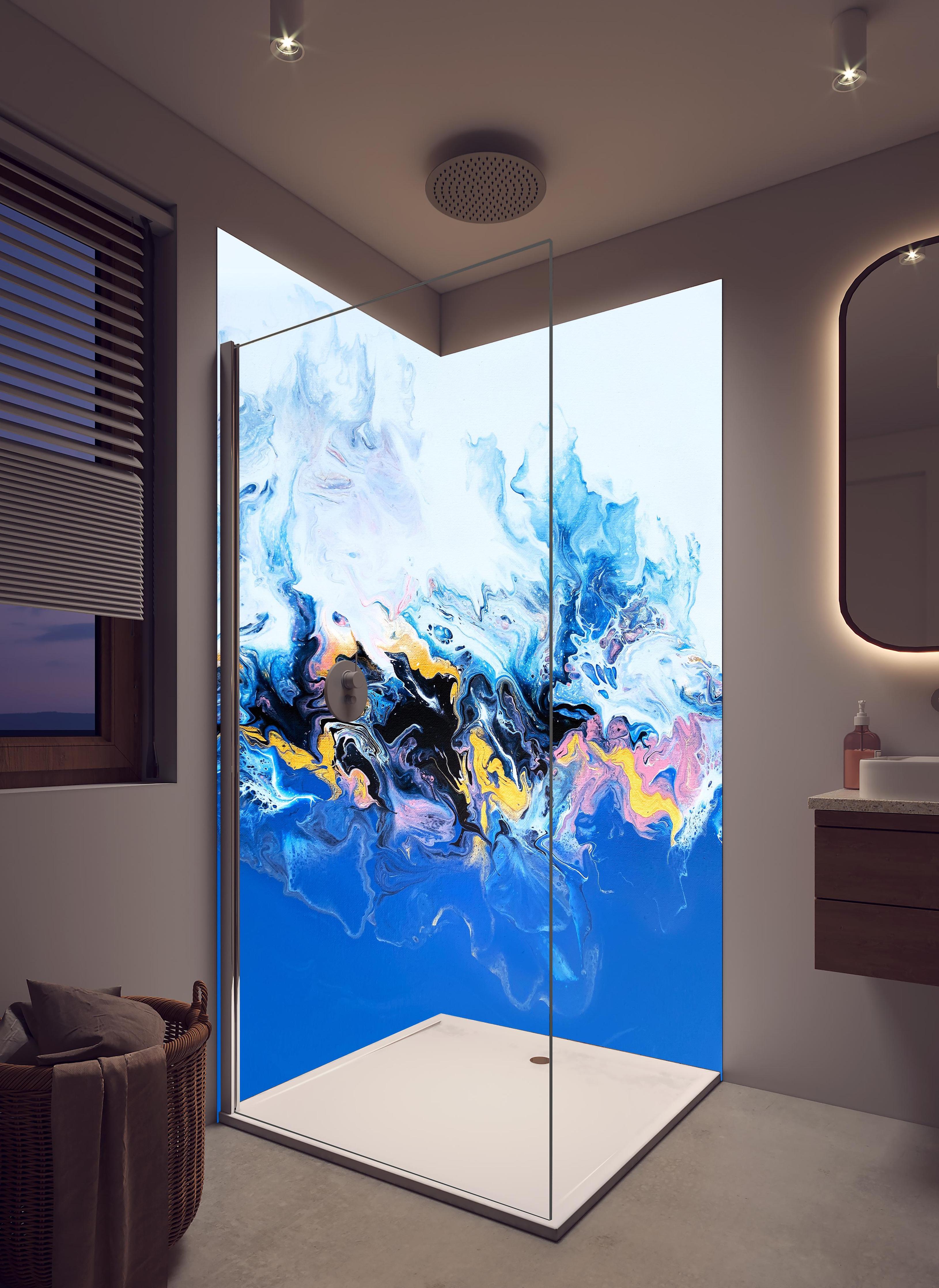 Duschrückwand - Flüssigkunst Malerei - Bläulich in hellem Badezimmer mit Regenduschkopf - zweiteilige Eck-Duschrückwand