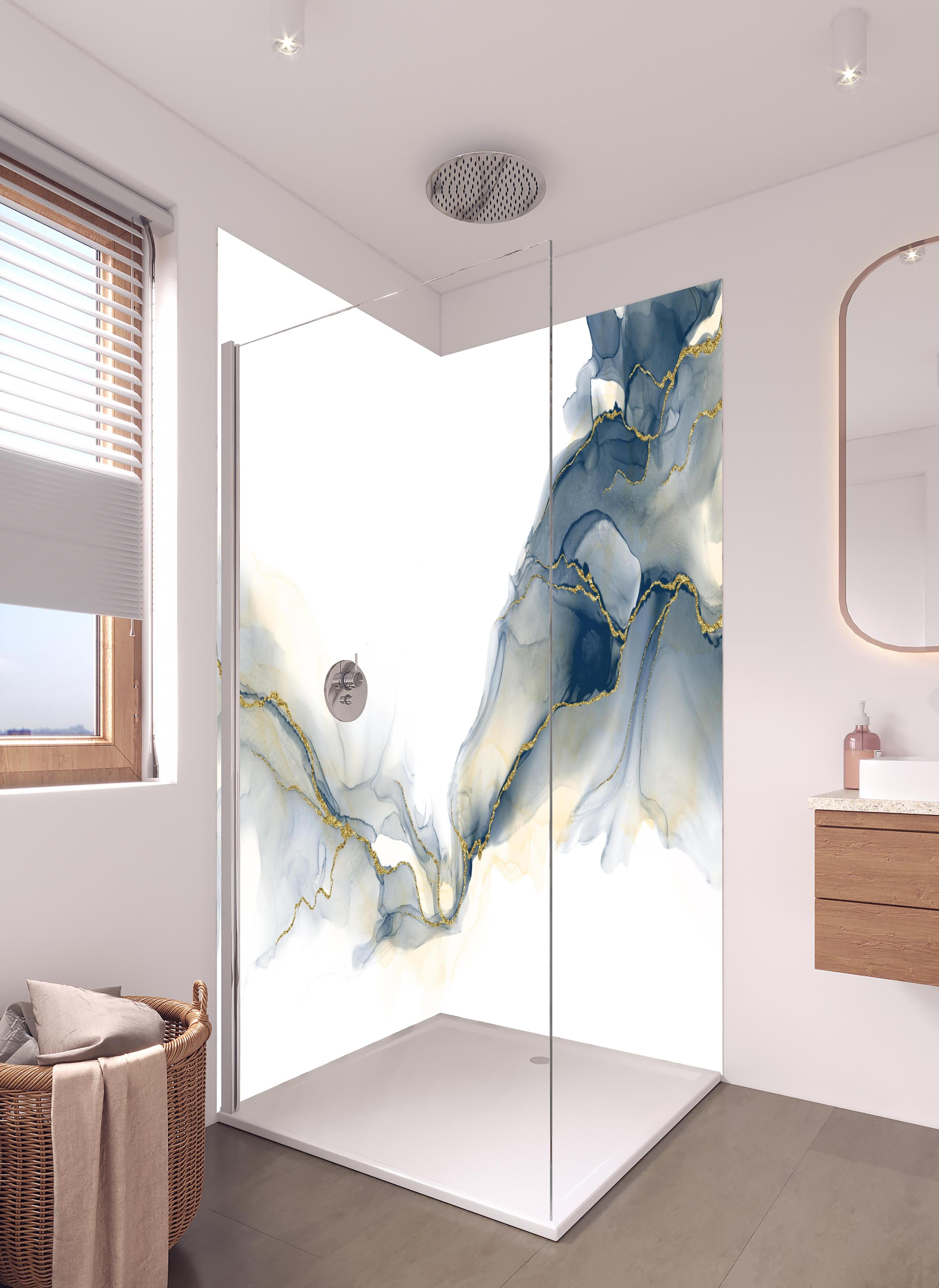 Duschrückwand - Flüssigkunstmalerei - Alkoholtintenkunst in hellem Badezimmer mit Regenduschkopf - zweiteilige Eck-Duschrückwand