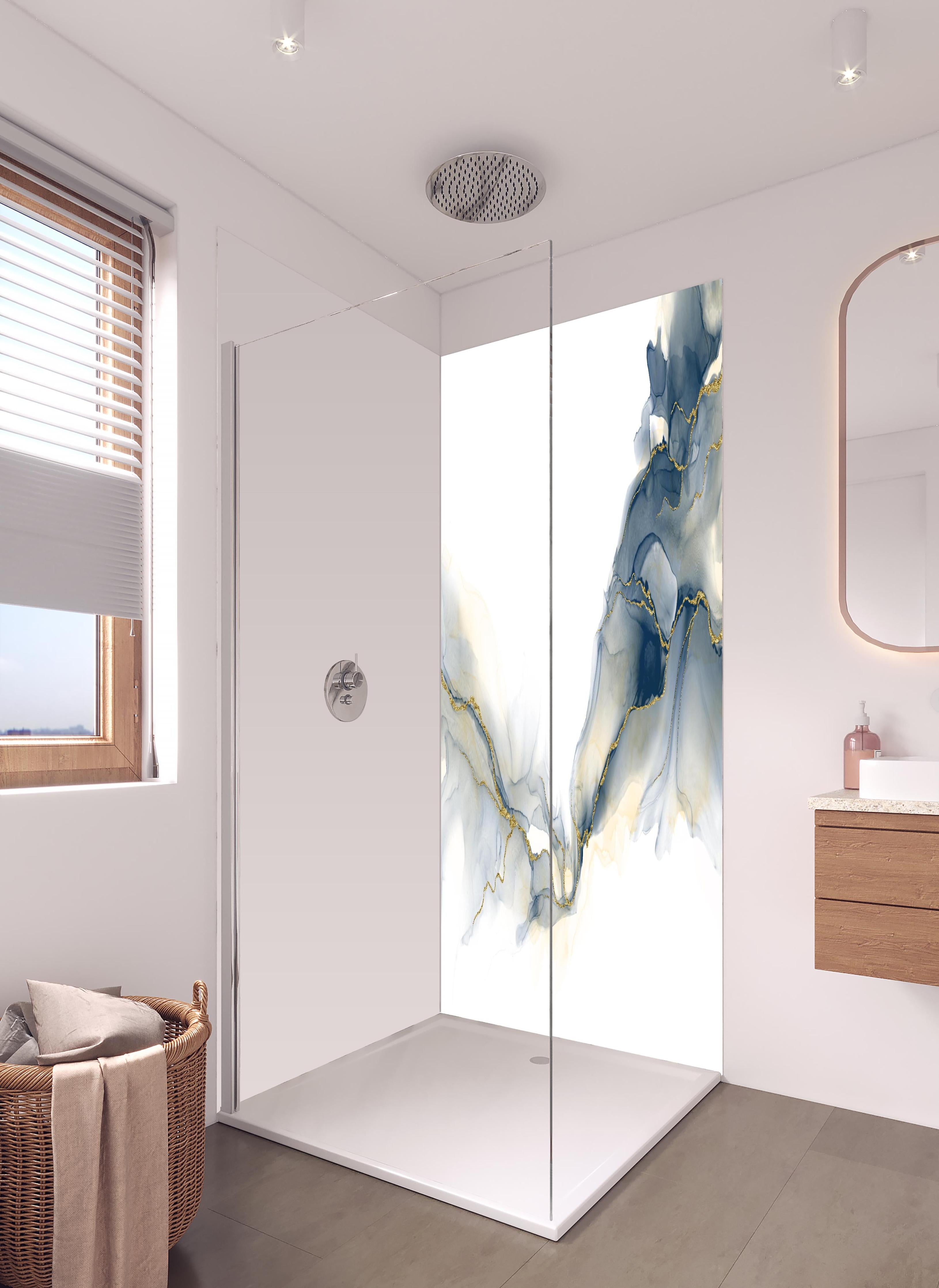 Duschrückwand - Flüssigkunstmalerei - Alkoholtintenkunst in hellem Badezimmer mit Regenduschkopf - zweiteilige Eck-Duschrückwand