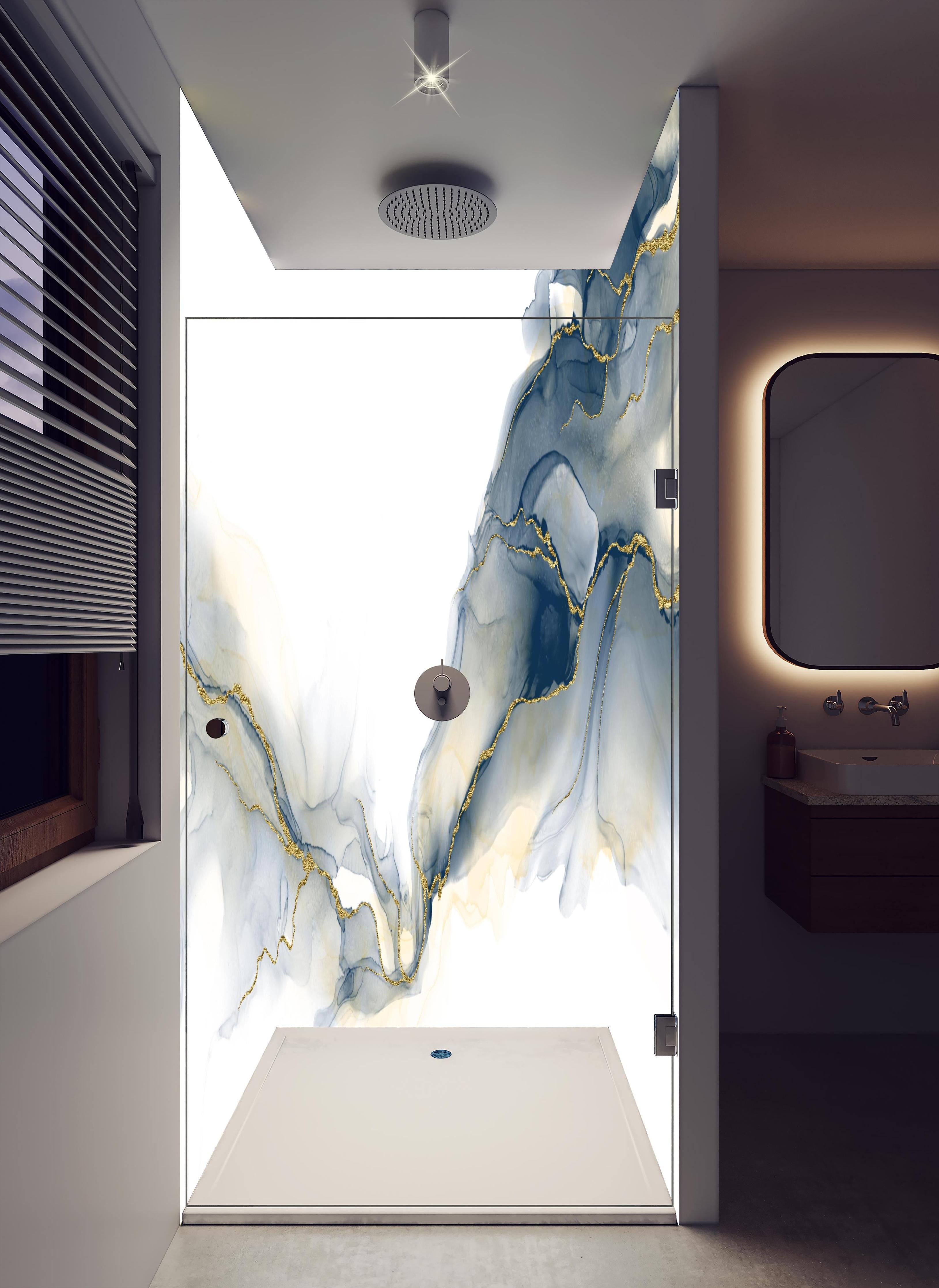 Duschrückwand - Flüssigkunstmalerei - Alkoholtintenkunst in hellem Badezimmer mit Regenduschkopf - zweiteilige Eck-Duschrückwand