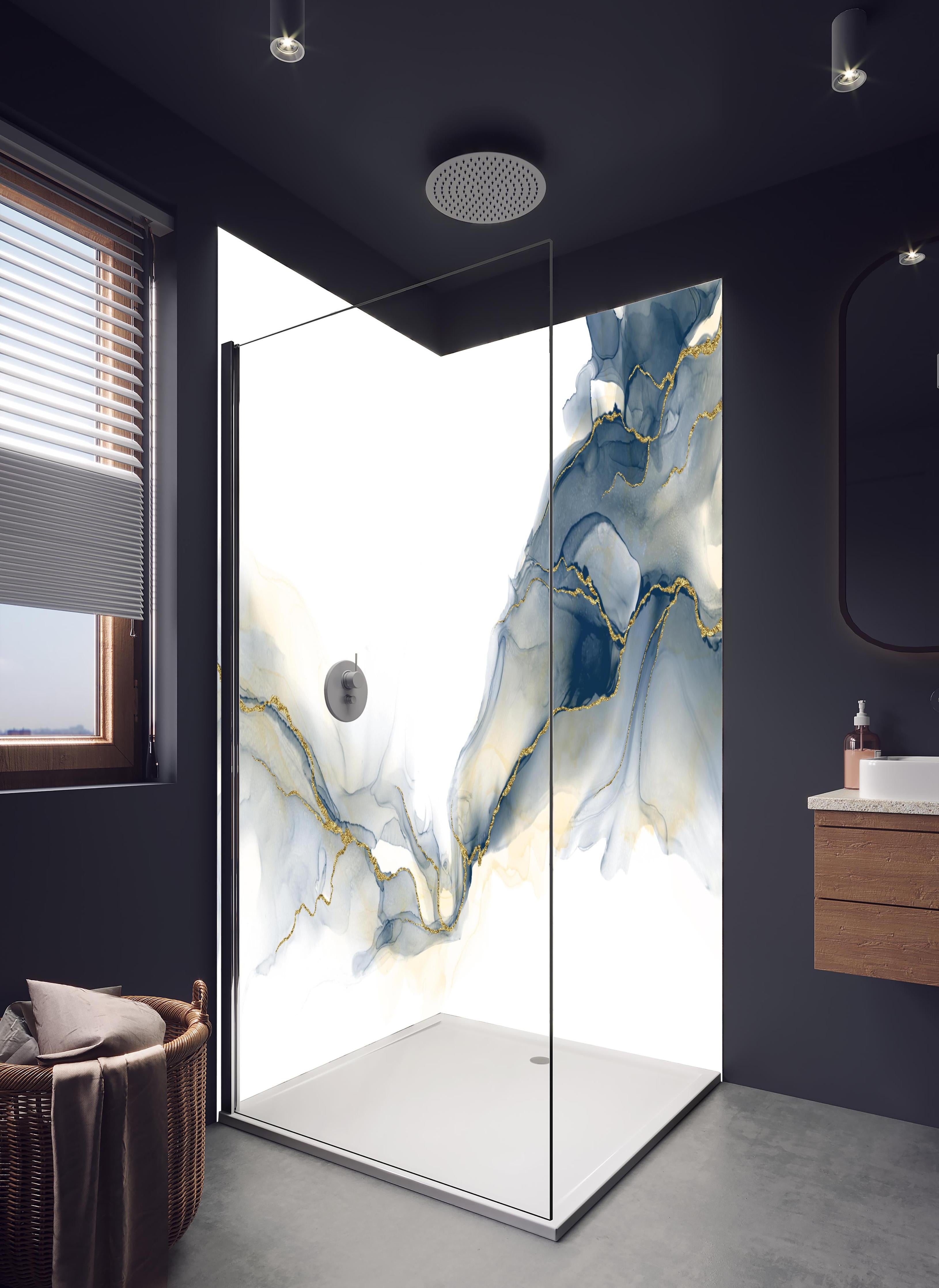 Duschrückwand - Flüssigkunstmalerei - Alkoholtintenkunst in hellem Badezimmer mit Regenduschkopf - zweiteilige Eck-Duschrückwand