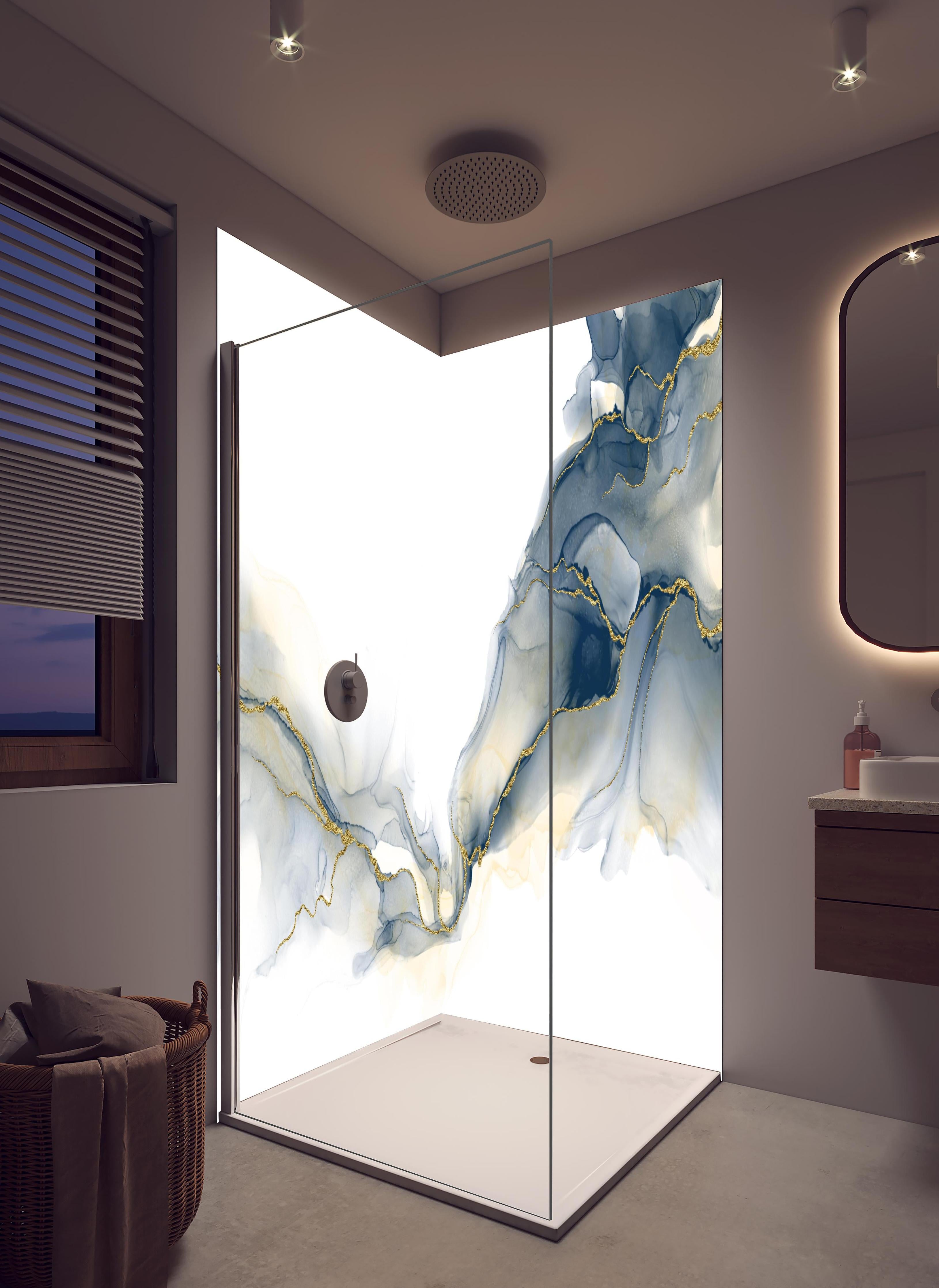 Duschrückwand - Flüssigkunstmalerei - Alkoholtintenkunst in hellem Badezimmer mit Regenduschkopf - zweiteilige Eck-Duschrückwand