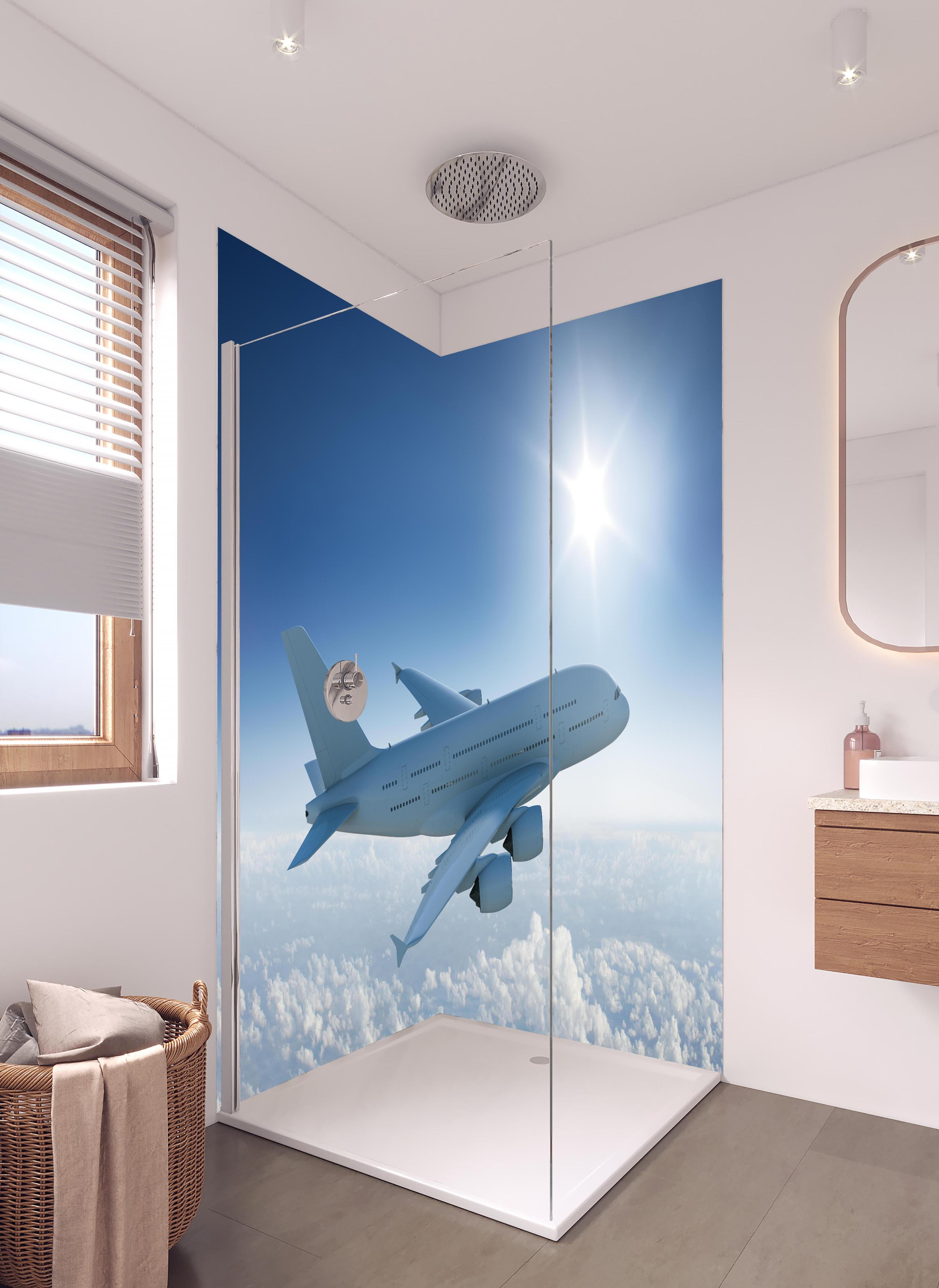 Duschrückwand - Flugzeug über weißen Wolken in hellem Badezimmer mit Regenduschkopf - zweiteilige Eck-Duschrückwand