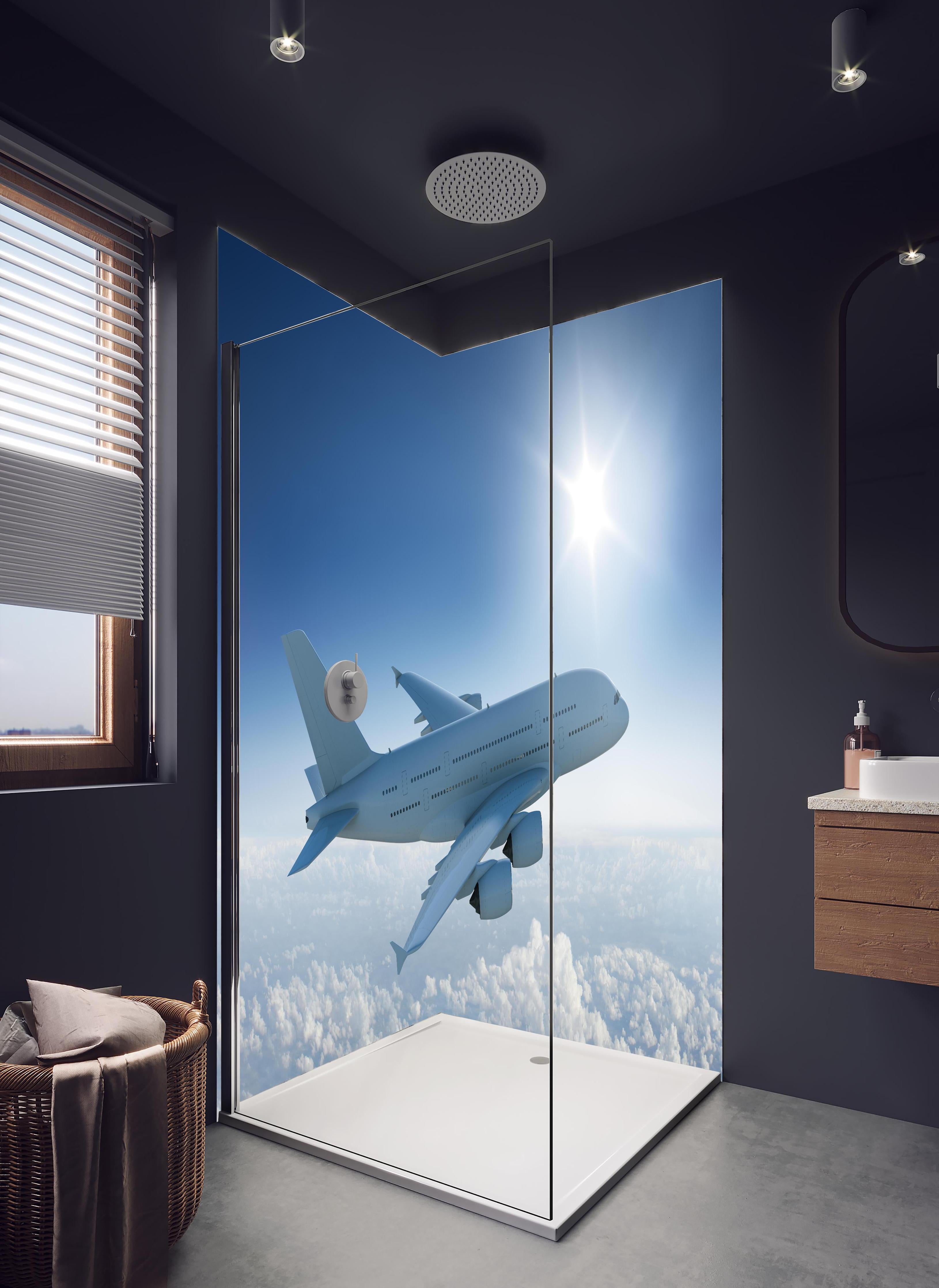 Duschrückwand - Flugzeug über weißen Wolken in hellem Badezimmer mit Regenduschkopf - zweiteilige Eck-Duschrückwand