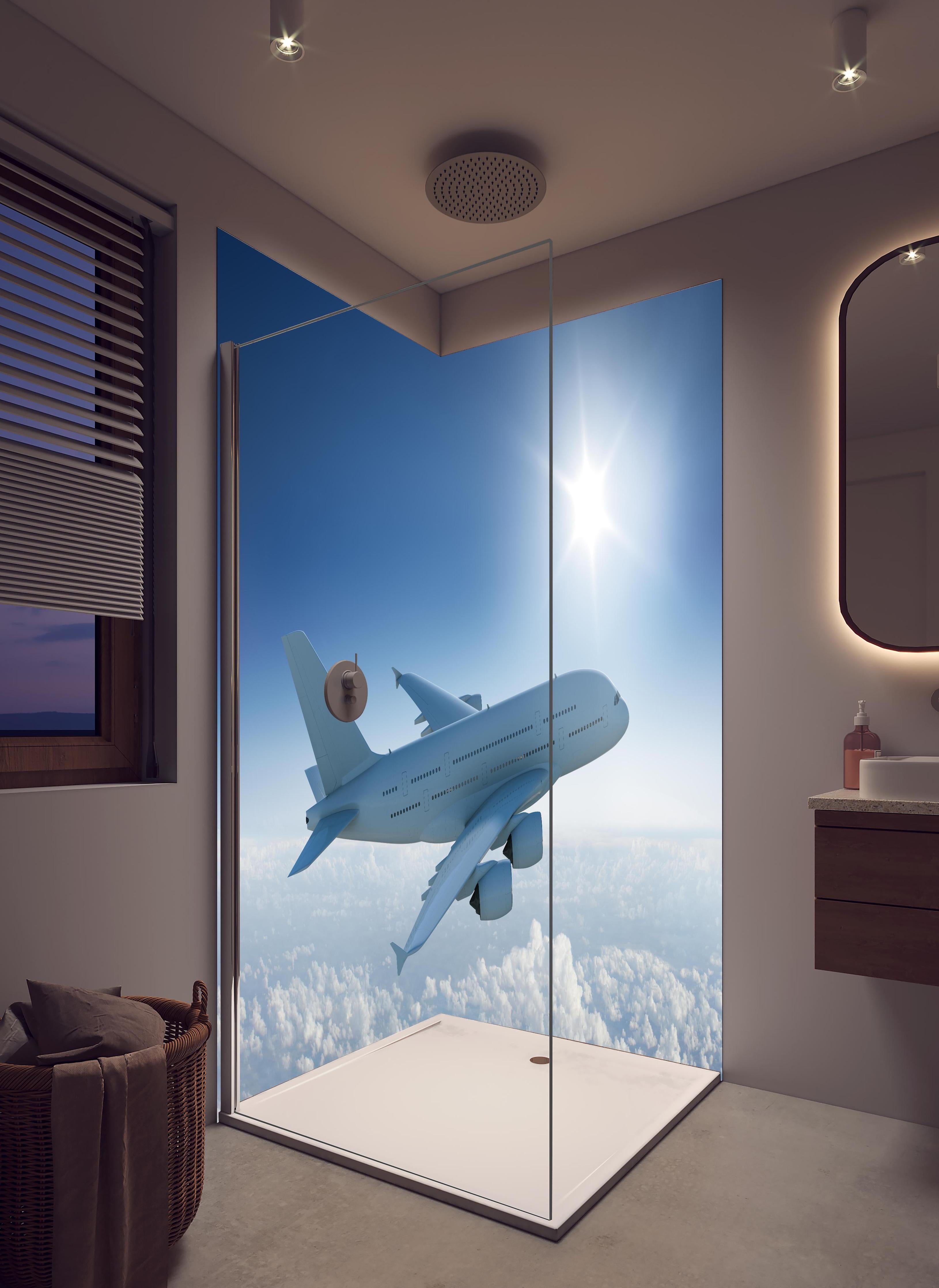 Duschrückwand - Flugzeug über weißen Wolken in hellem Badezimmer mit Regenduschkopf - zweiteilige Eck-Duschrückwand