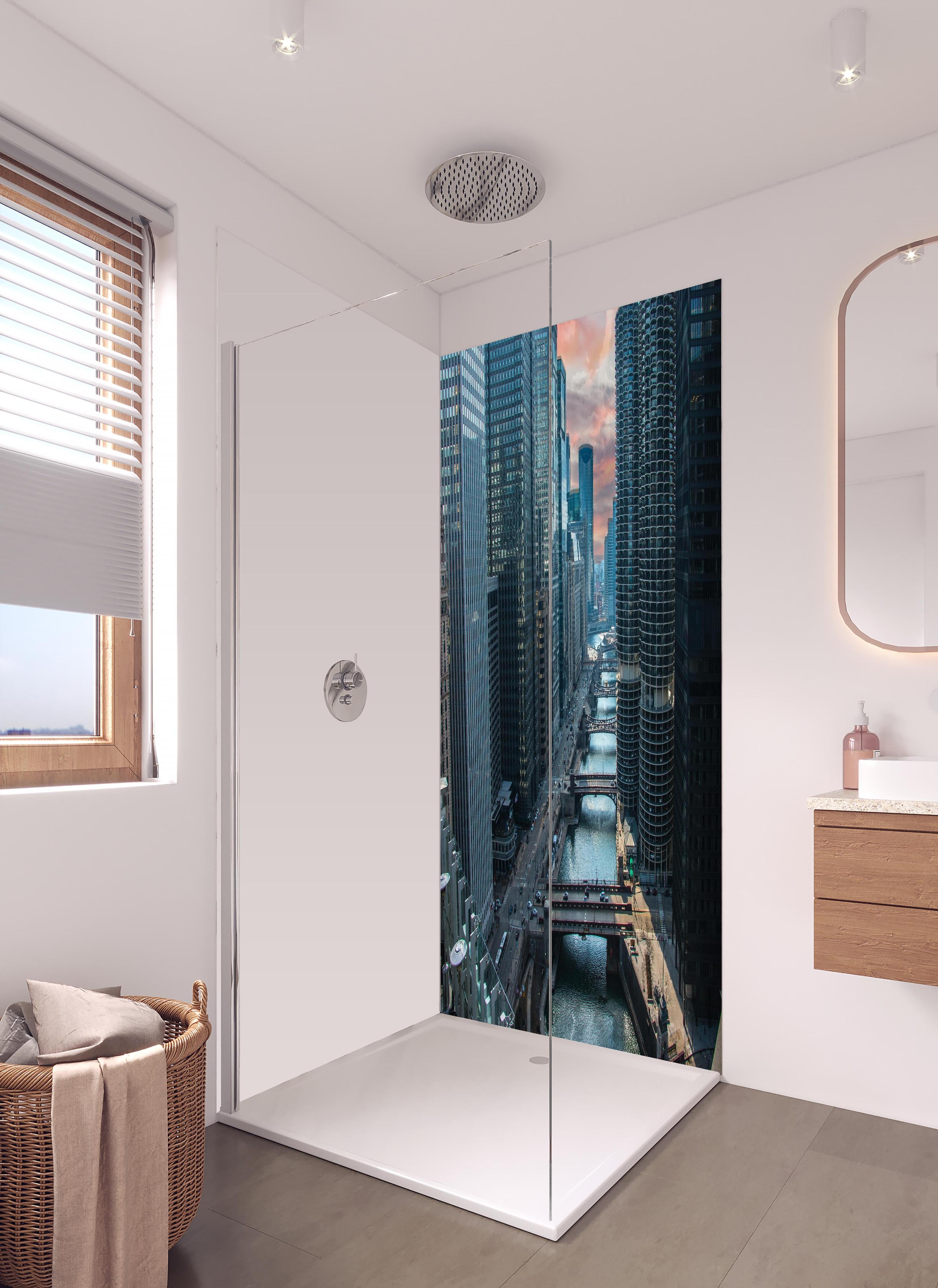 Duschrückwand - Fluss in Chicago Innenstadt in hellem Badezimmer mit Regenduschkopf - zweiteilige Eck-Duschrückwand