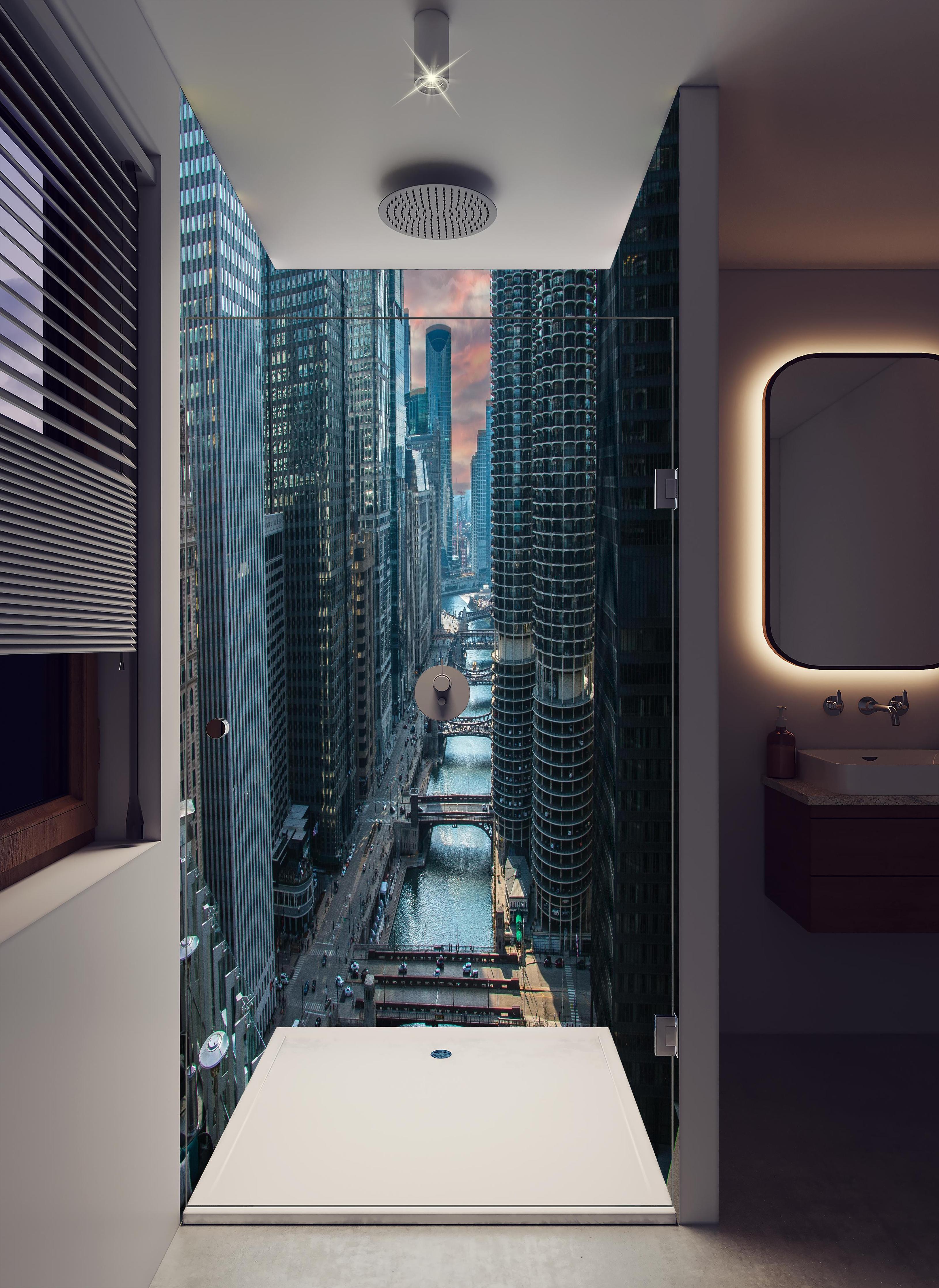 Duschrückwand - Fluss in Chicago Innenstadt in hellem Badezimmer mit Regenduschkopf - zweiteilige Eck-Duschrückwand