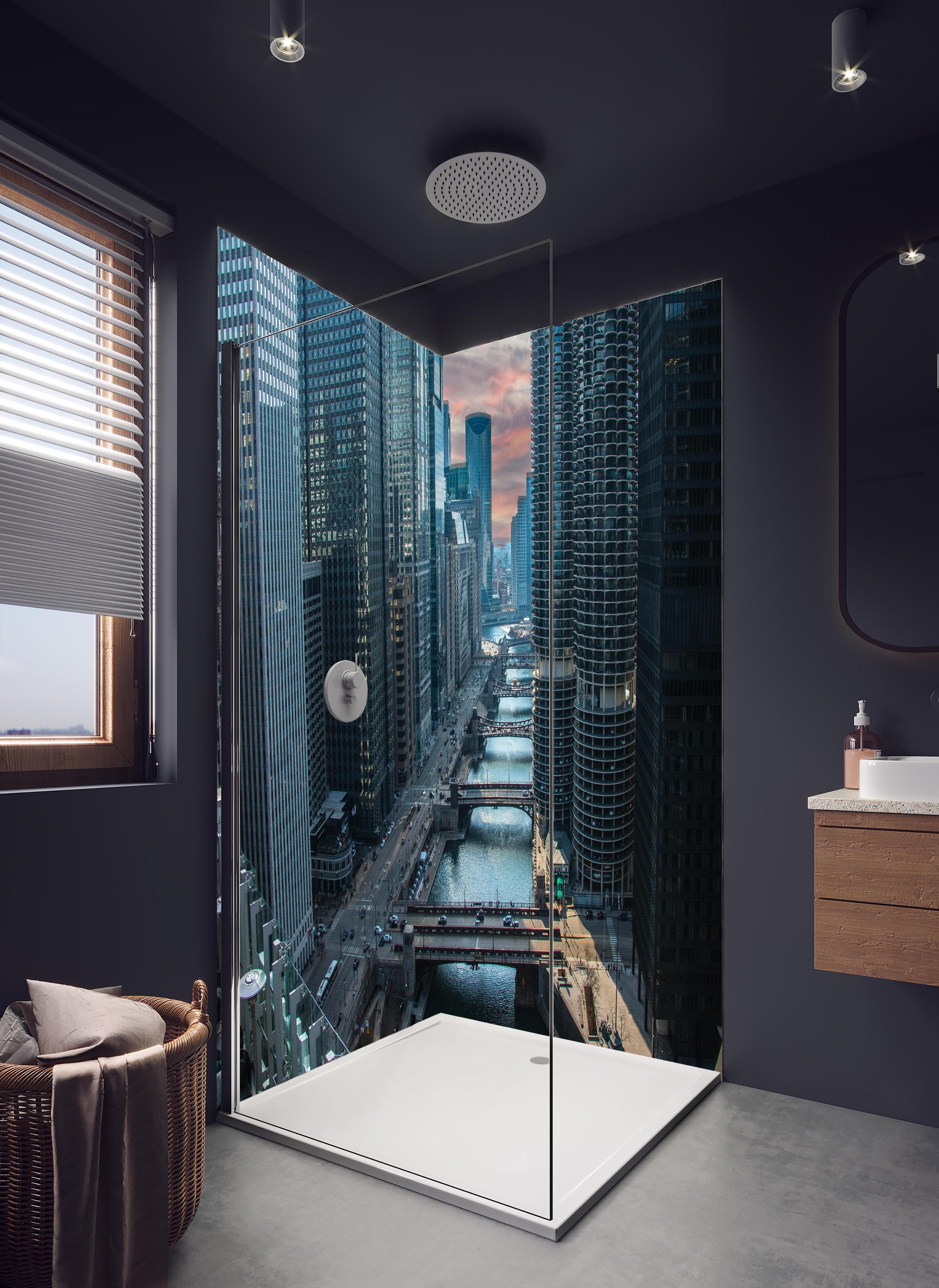 Duschrückwand - Fluss in Chicago Innenstadt in hellem Badezimmer mit Regenduschkopf - zweiteilige Eck-Duschrückwand