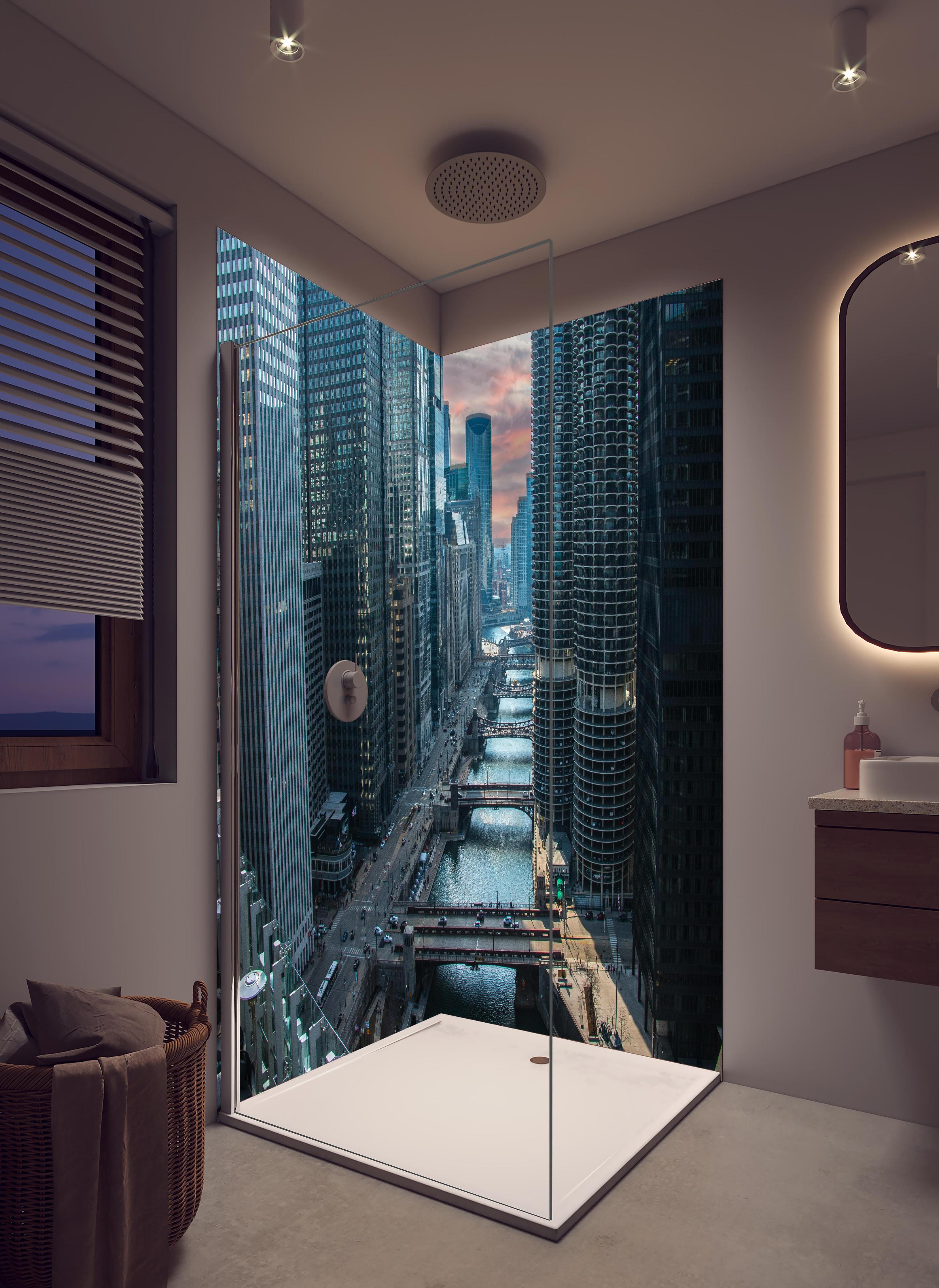Duschrückwand - Fluss in Chicago Innenstadt in hellem Badezimmer mit Regenduschkopf - zweiteilige Eck-Duschrückwand